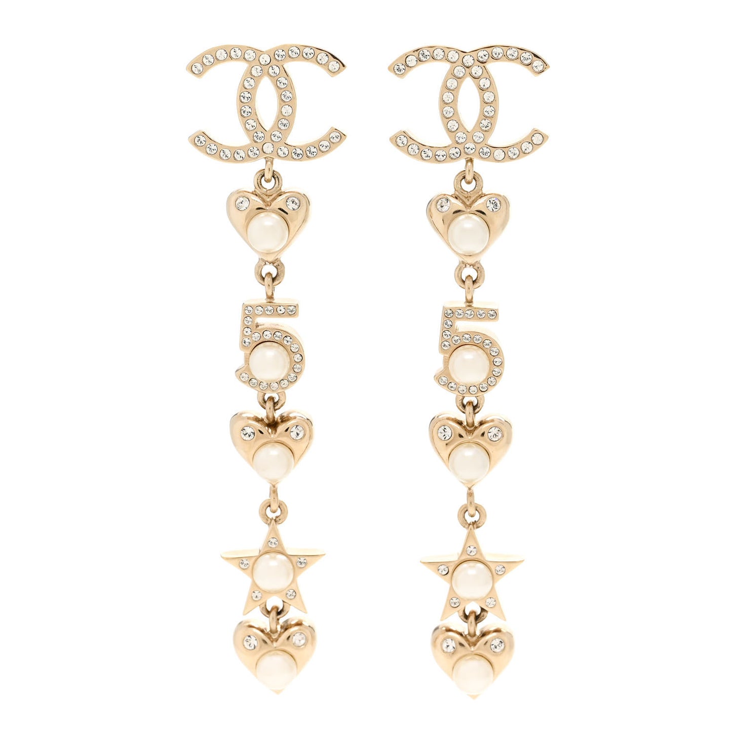 Crystal Pearl Charming Winter CC Star Heart Drop Earrings Gold