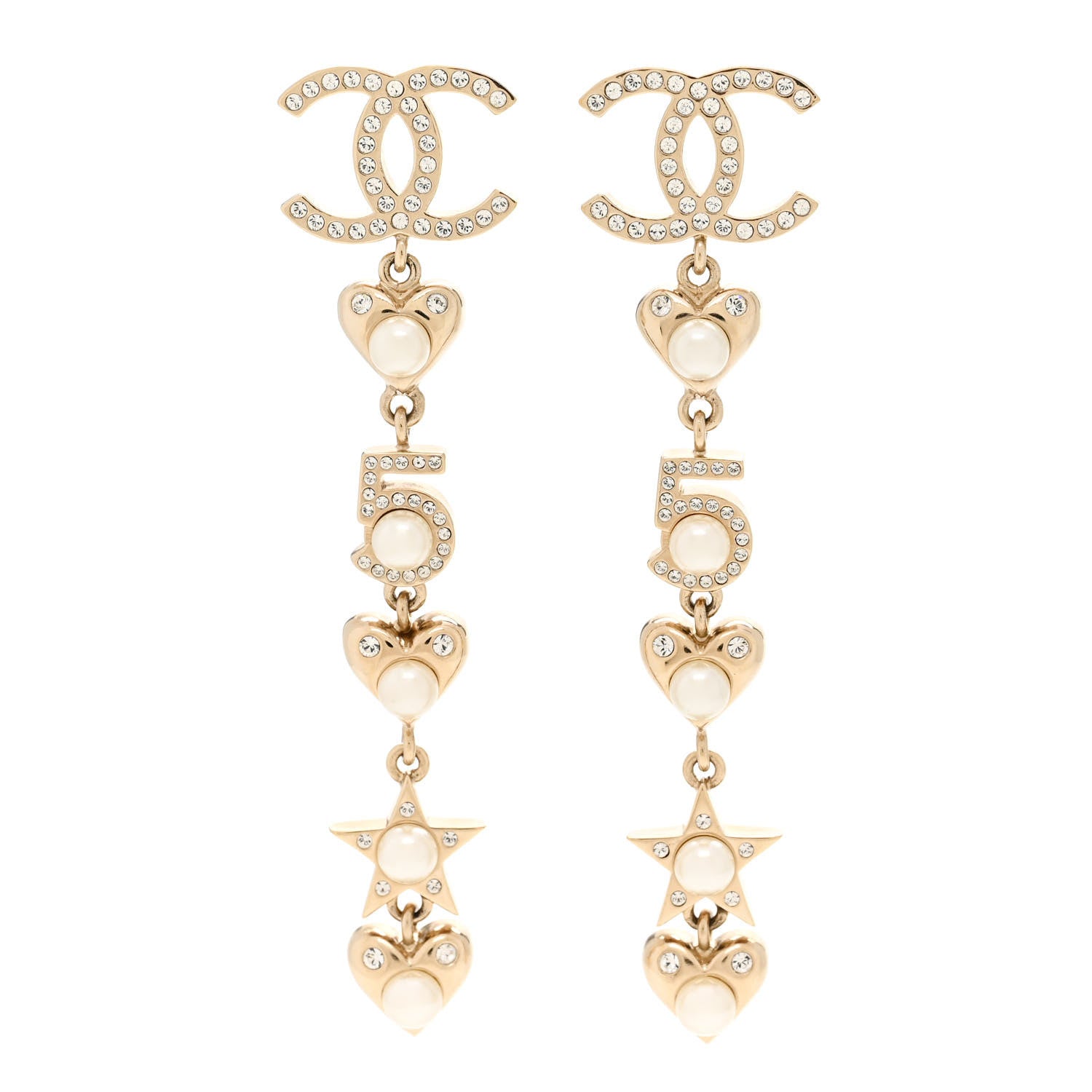 Chanel Crystal Pearl Charming Winter CC Star Heart Drop Earrings Gold 1 of 4