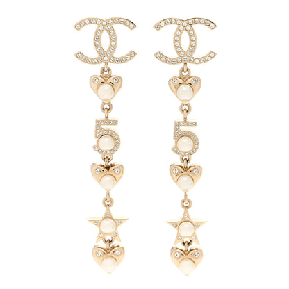 Chanel Crystal Pearl Charming Winter CC Star Heart Drop Earrings Gold 1 of 4