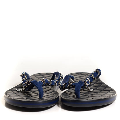 Chanel Suede Chain CC Thong Sandals 36.5 Navy Blue 2 of 5
