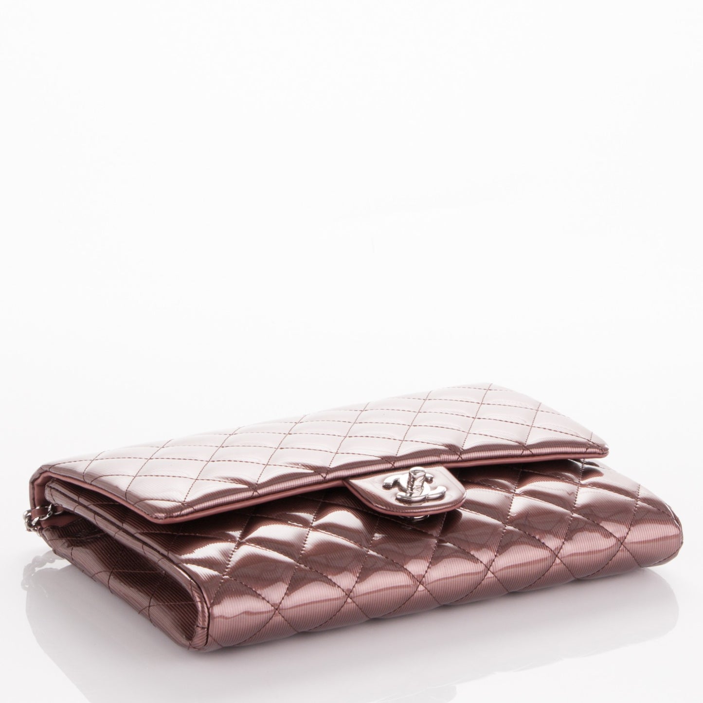 Striated Patent Quilted Clutch With Chain Flap Dark Pink