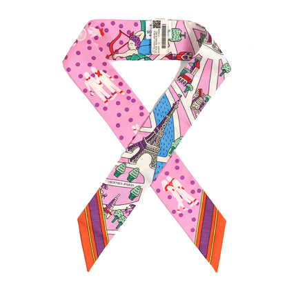Hermes Silk Les Nouveaux Amoureux de Paris Twilly Rose Buvard White Vert 1 of 4