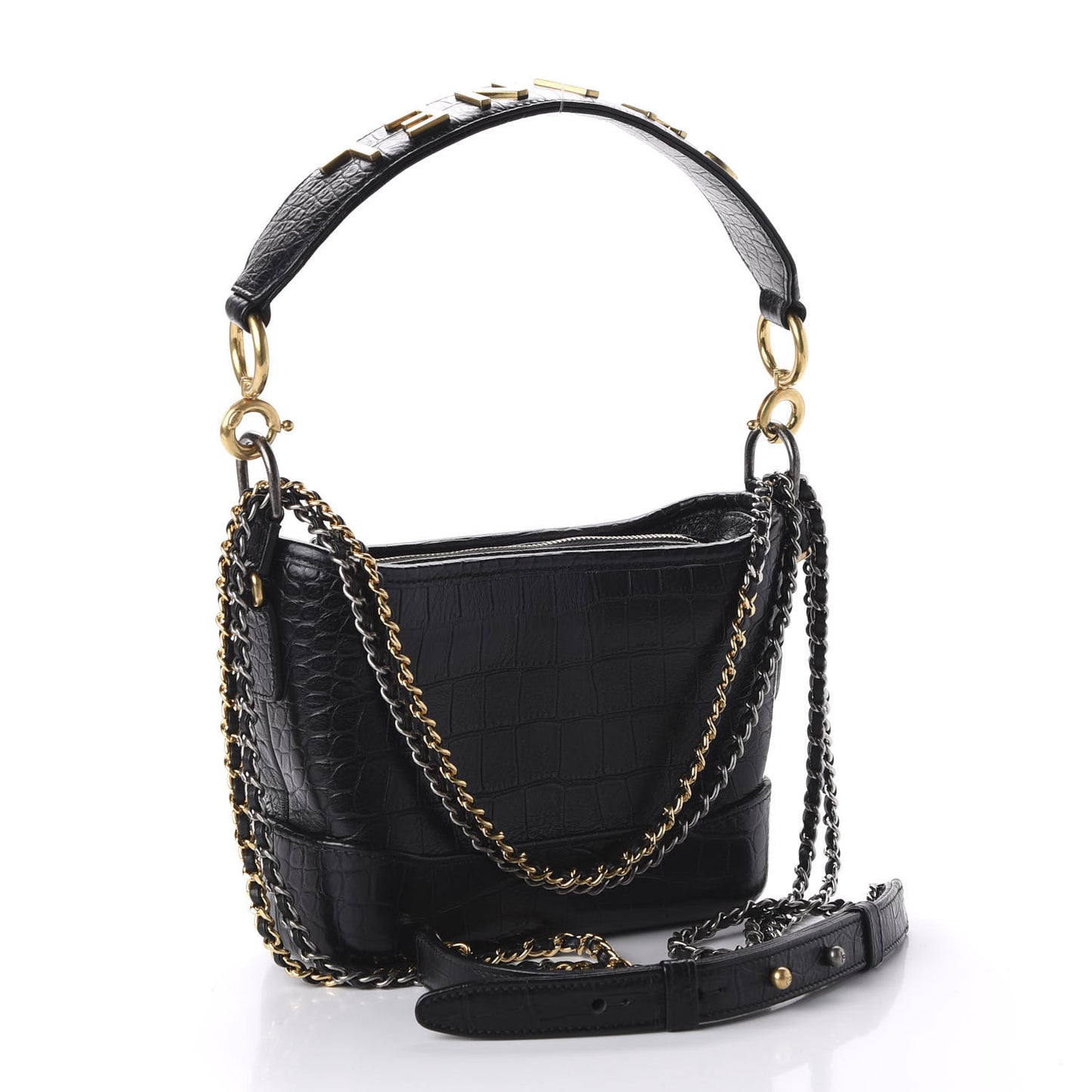 Calfskin Crocodile Embossed Small Gabrielle Cocodile Hobo Black