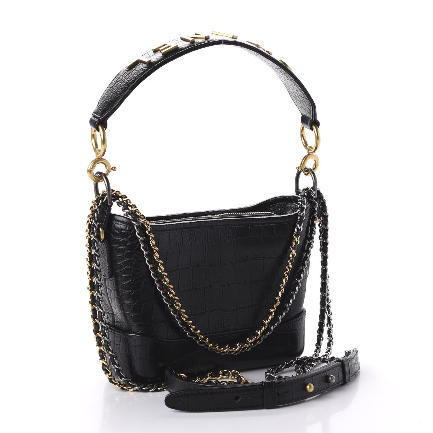 Chanel Calfskin Crocodile Embossed Small Gabrielle Cocodile Hobo Black 3 of 10