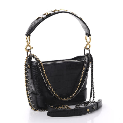 Chanel Calfskin Crocodile Embossed Small Gabrielle Cocodile Hobo Black 3 of 10