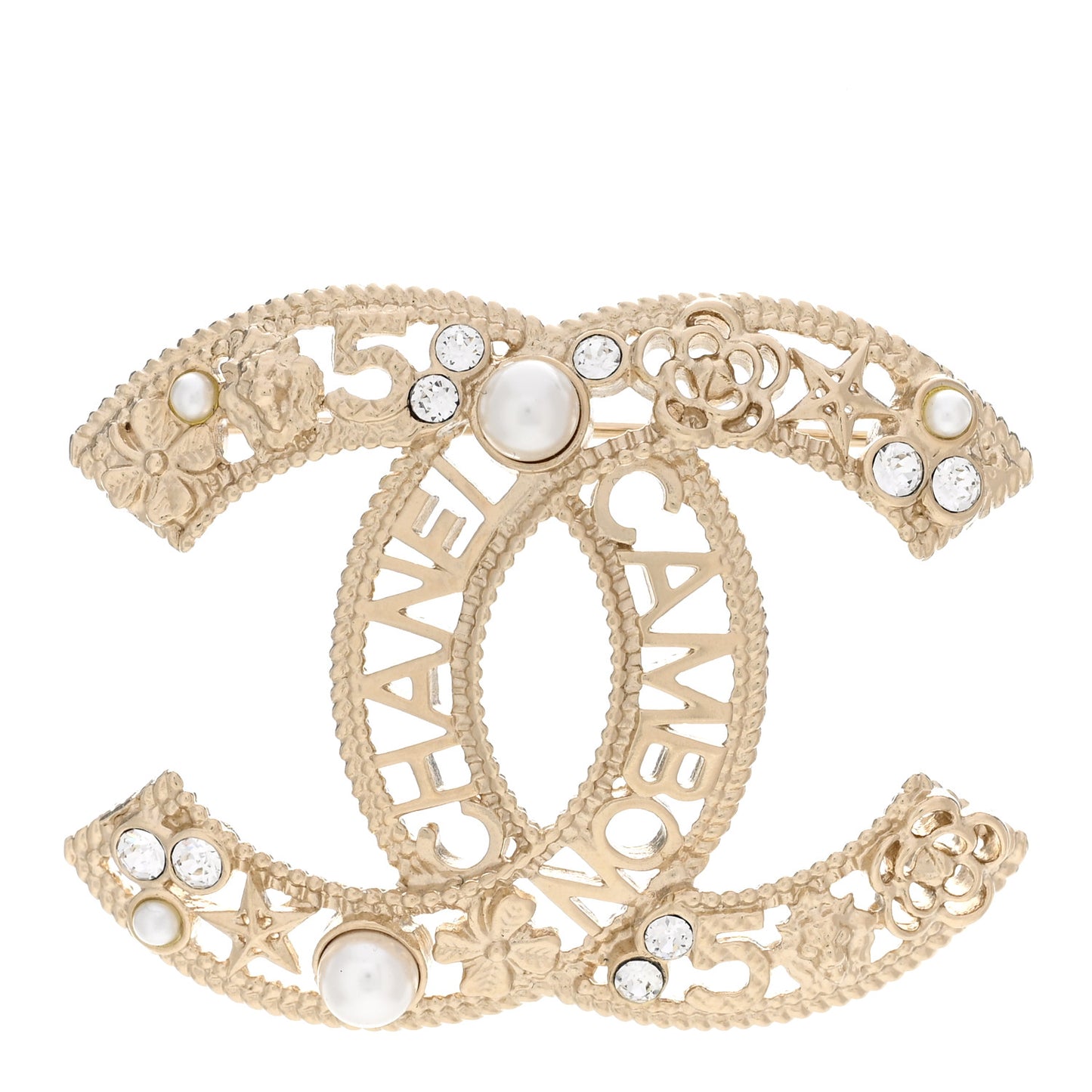 Crystal Pearl Chanel Charms CC Logo Brooch Gold
