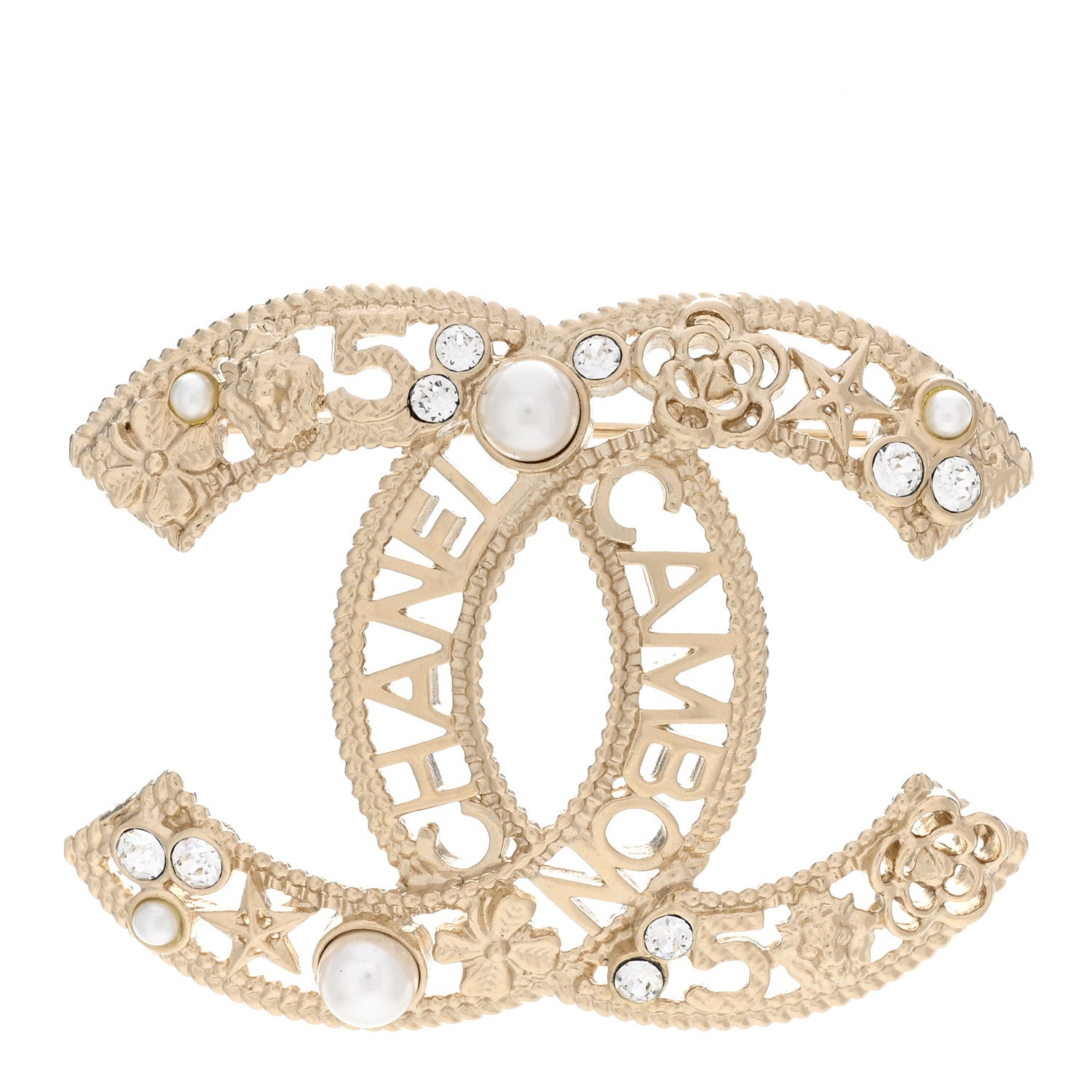 Chanel Crystal Pearl Chanel Charms CC Logo Brooch Gold 1 of 5