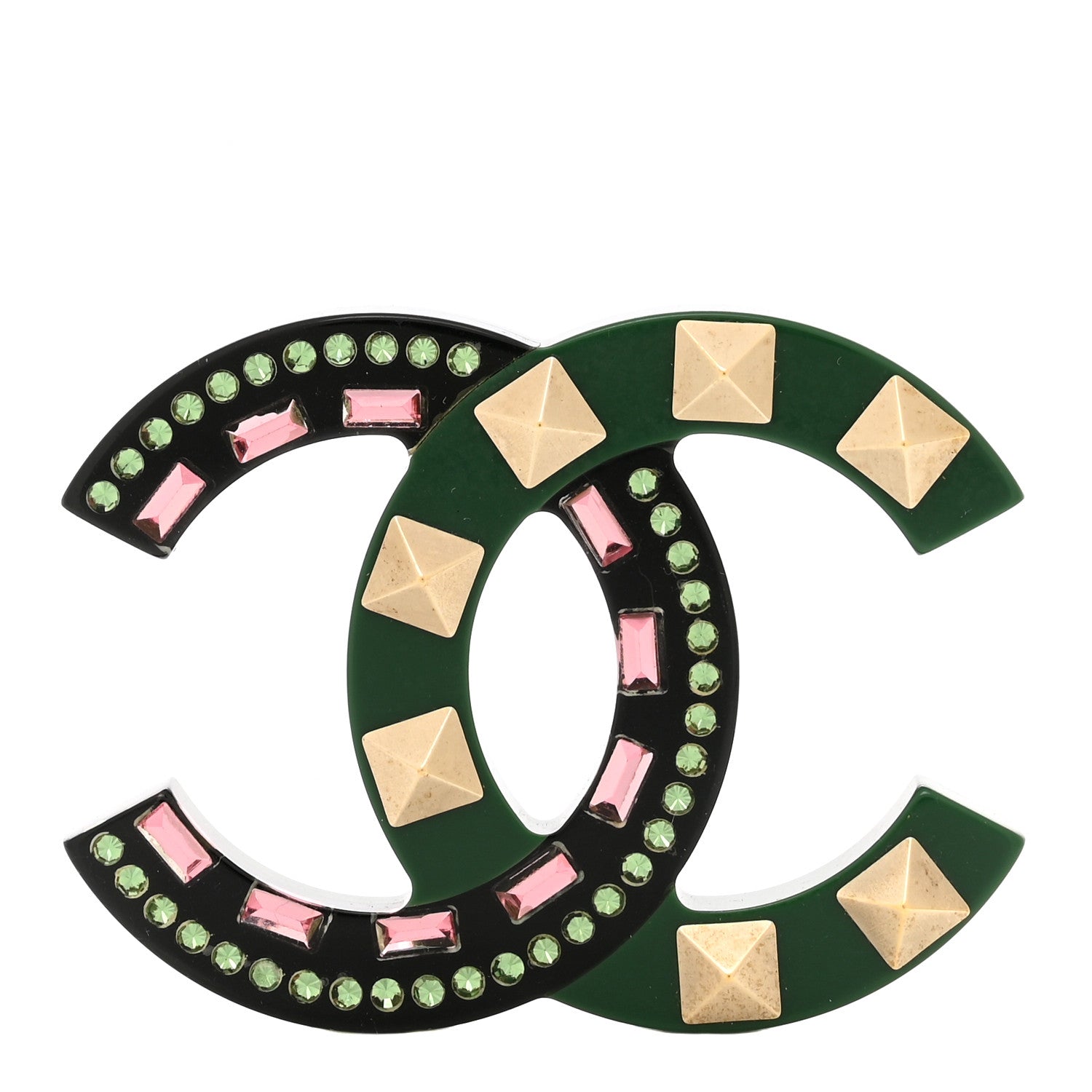 Chanel Resin Crystal Studded CC Brooch Green Multicolor 1 of 5