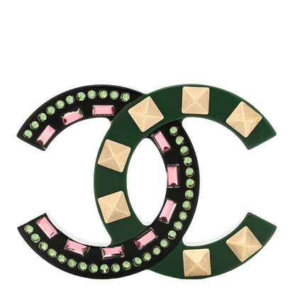 Chanel Resin Crystal Studded CC Brooch Green Multicolor 1 of 5