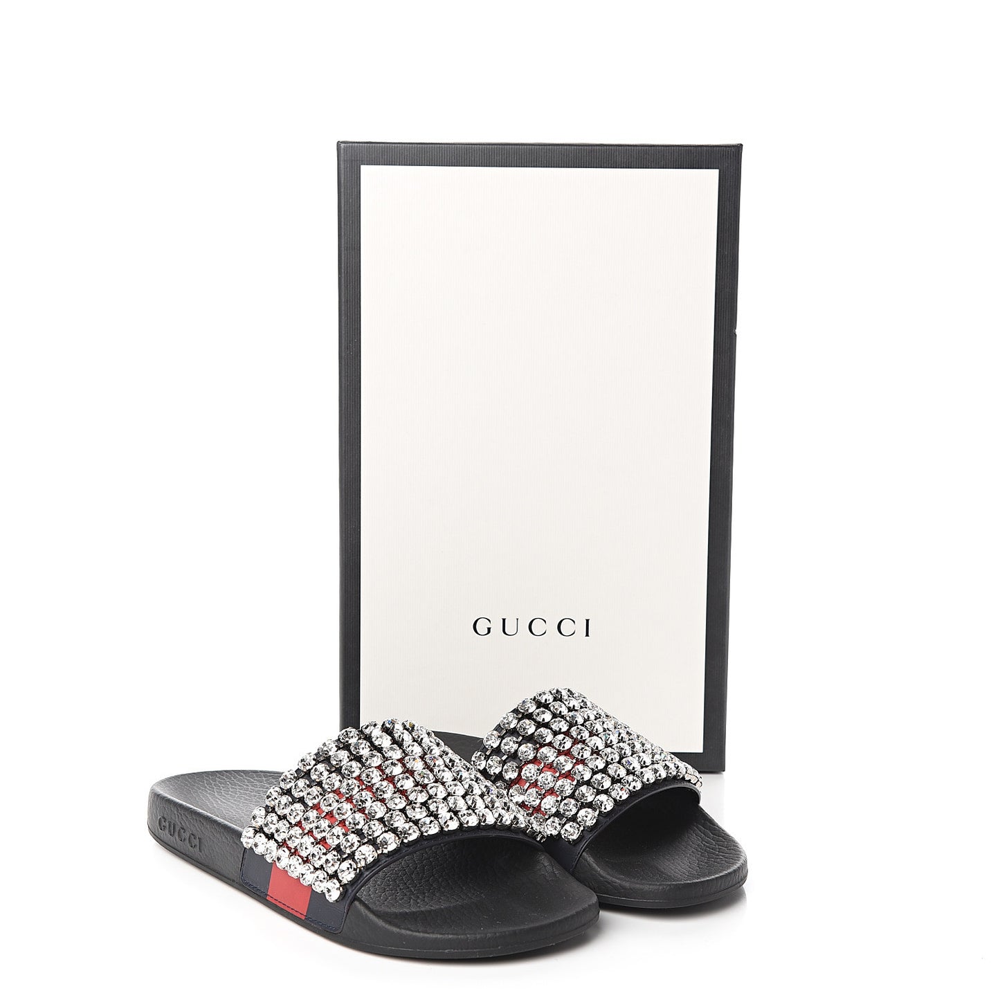 Calfskin Crystal Embellished Web Slide Sandals 37 Blue Red