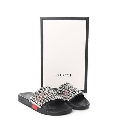 Gucci Calfskin Crystal Embellished Web Slide Sandals 37 Blue Red 8 of 8