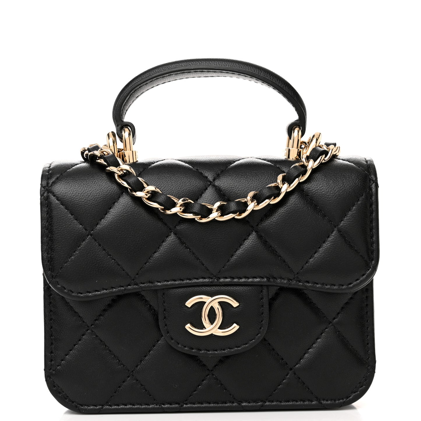 Lambskin Quilted Top Handle Flap Coin Purse With Chain Black