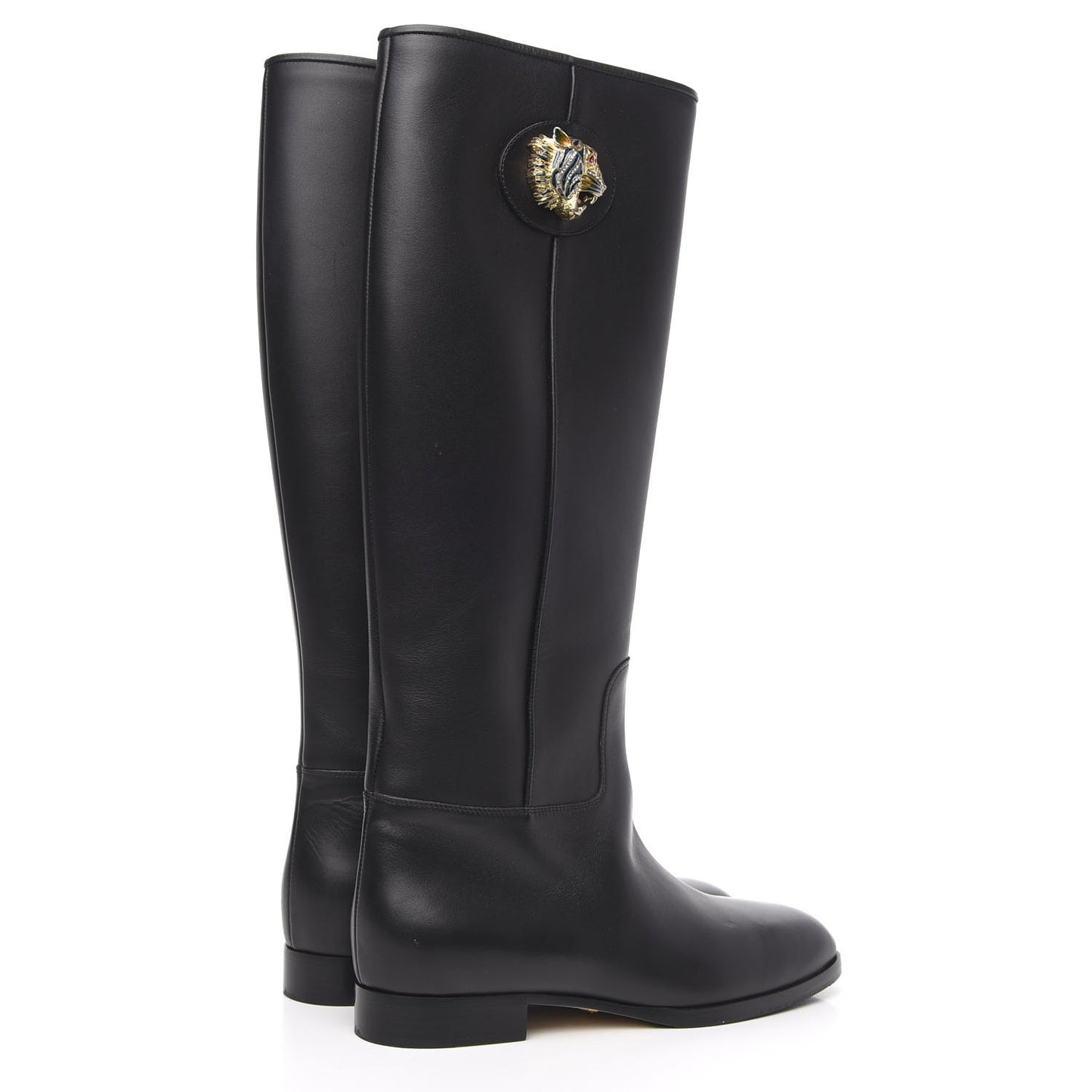 Calfskin Tiger Head Tall Boots 37 Black