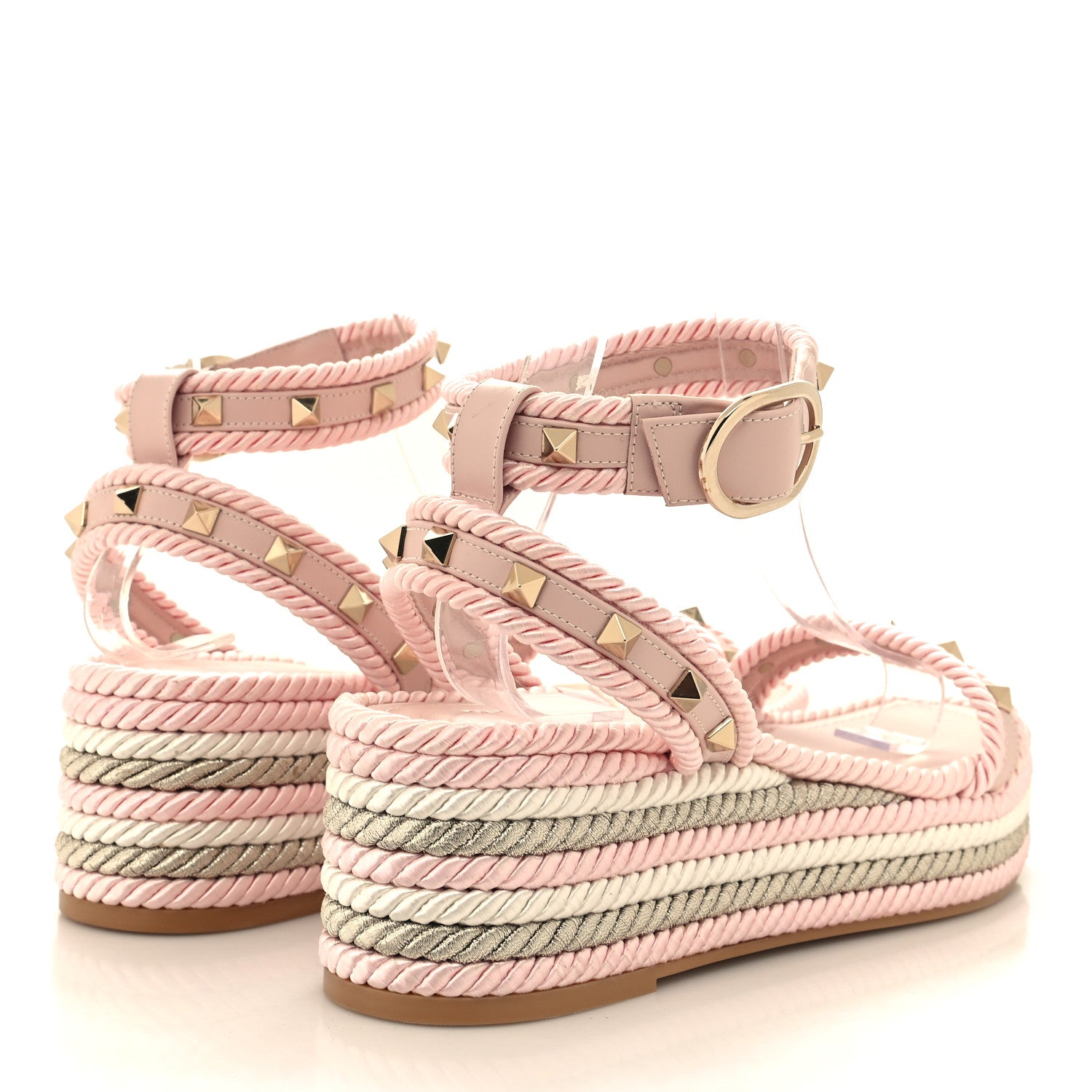 Valentino Garavani Calfskin Rockstud Rope Espadrille Wedge Sandals 41 Pink 4 of 8