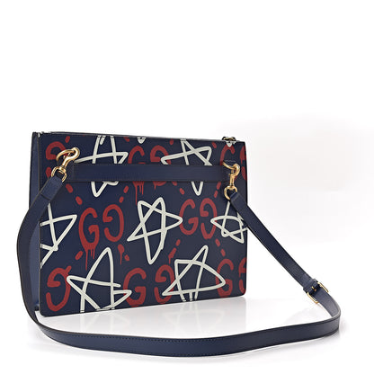 Gucci Calfskin GucciGhost Print GG Messenger Bag Blue Agata Hibiscus Red 3 of 11