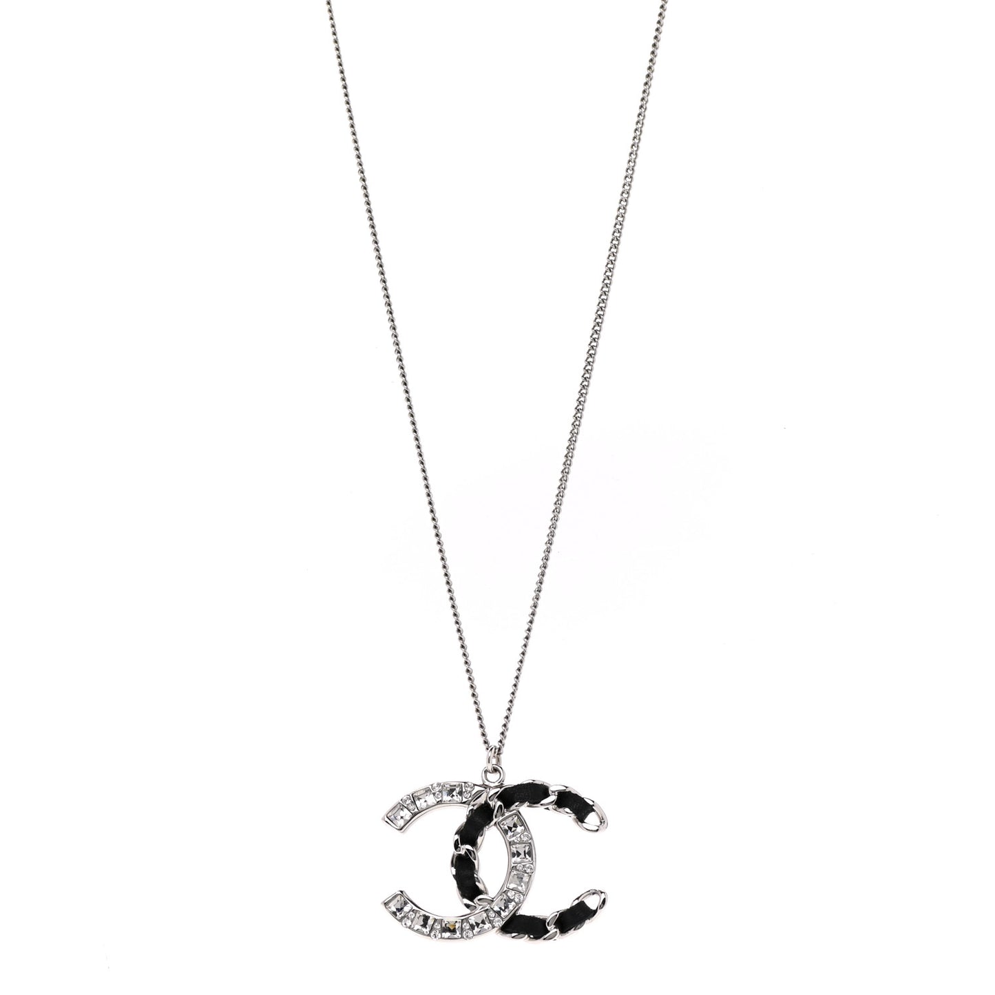 Lambskin Baguette Crystal CC Necklace Black Silver