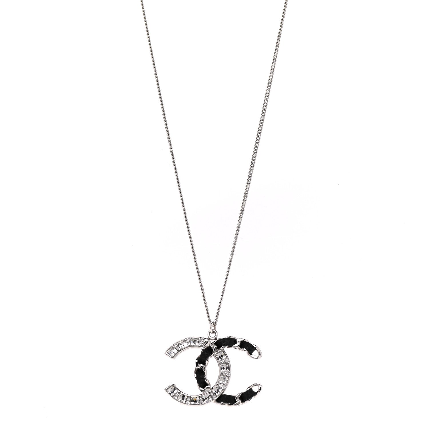 Chanel Lambskin Baguette Crystal CC Necklace Black Silver 1 of 7