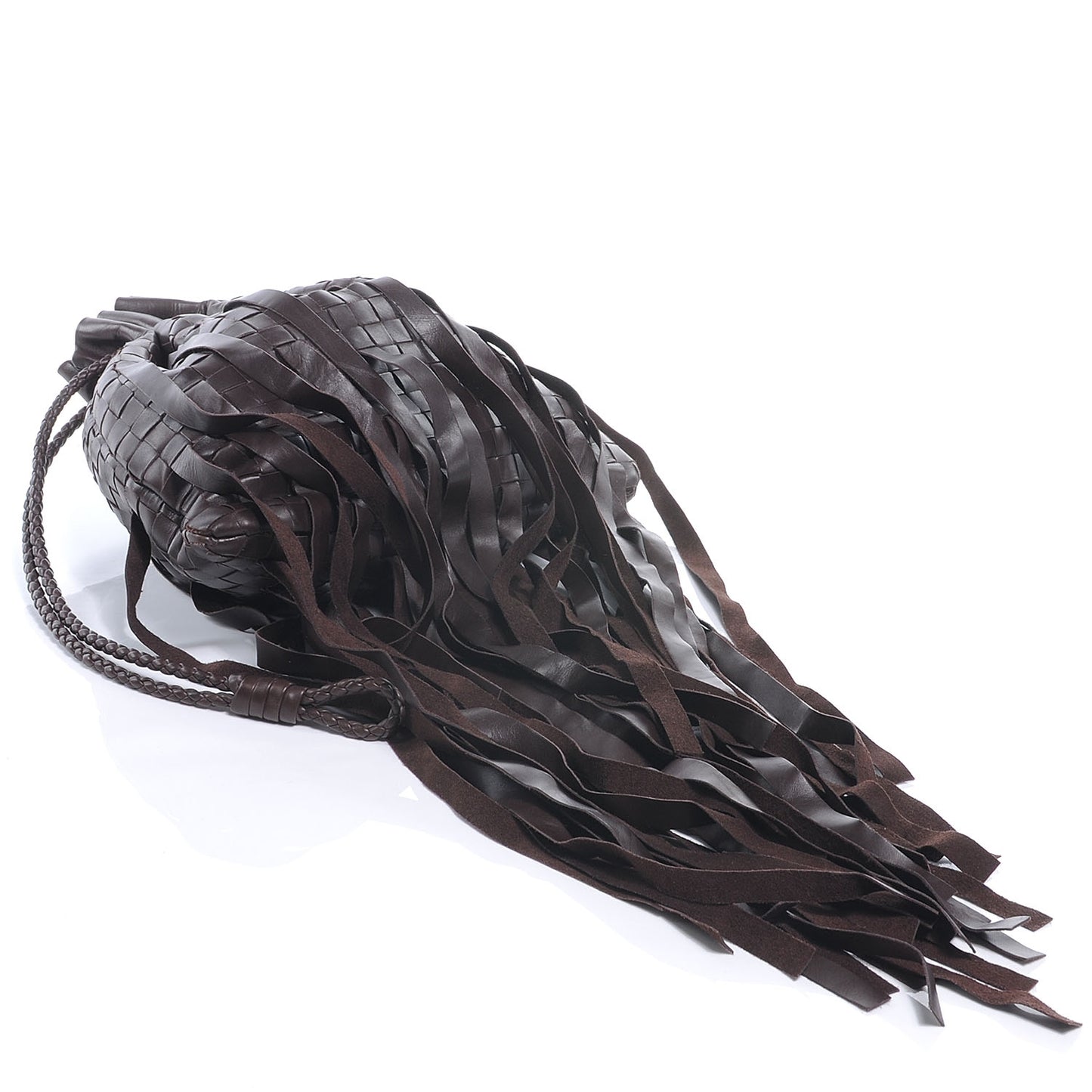 Lambskin Intrecciato Drawstring Fringe Pochette Brown