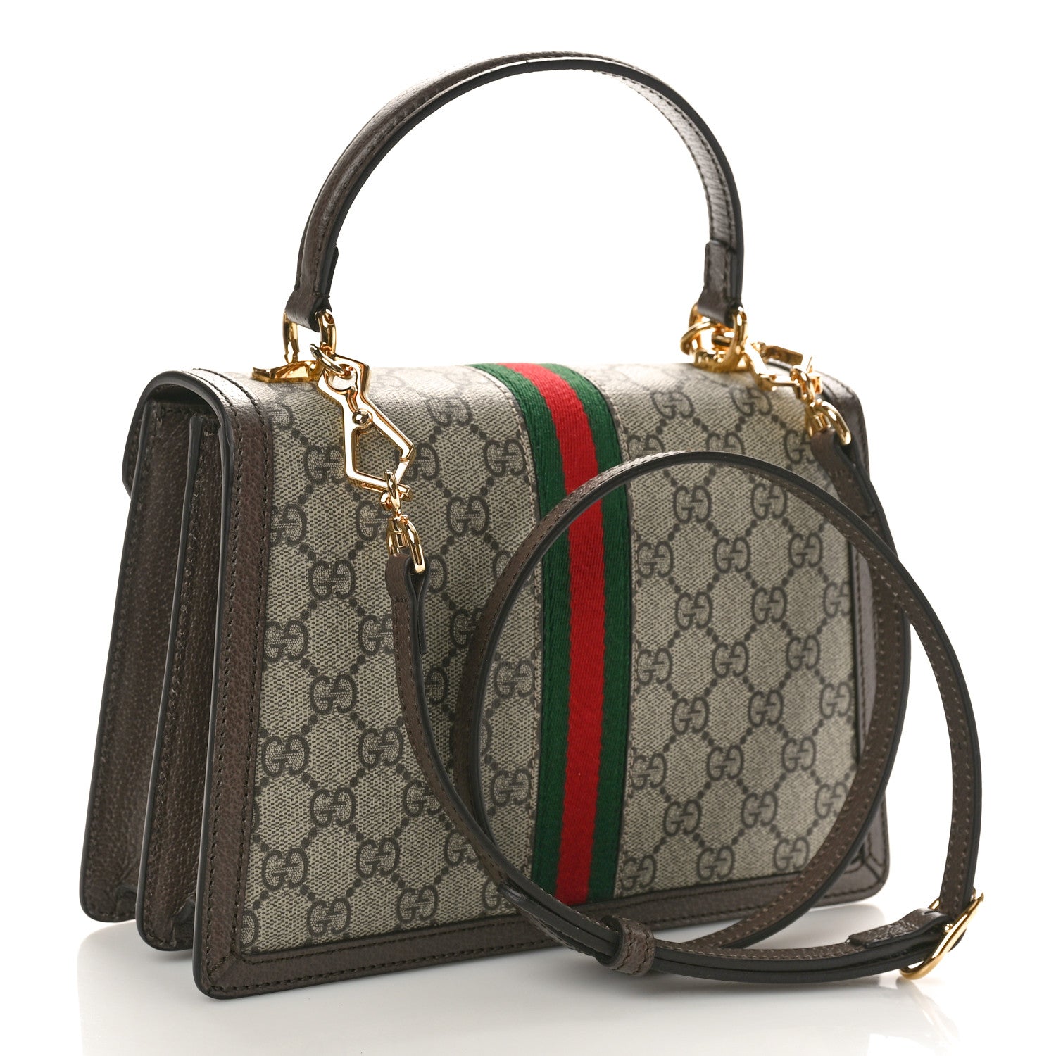 Gucci GG Supreme Monogram Textured Dollar Calfskin Web Small Ophidia Padlock Top Handle Bag Beige Ebony New Acero 2 of 10