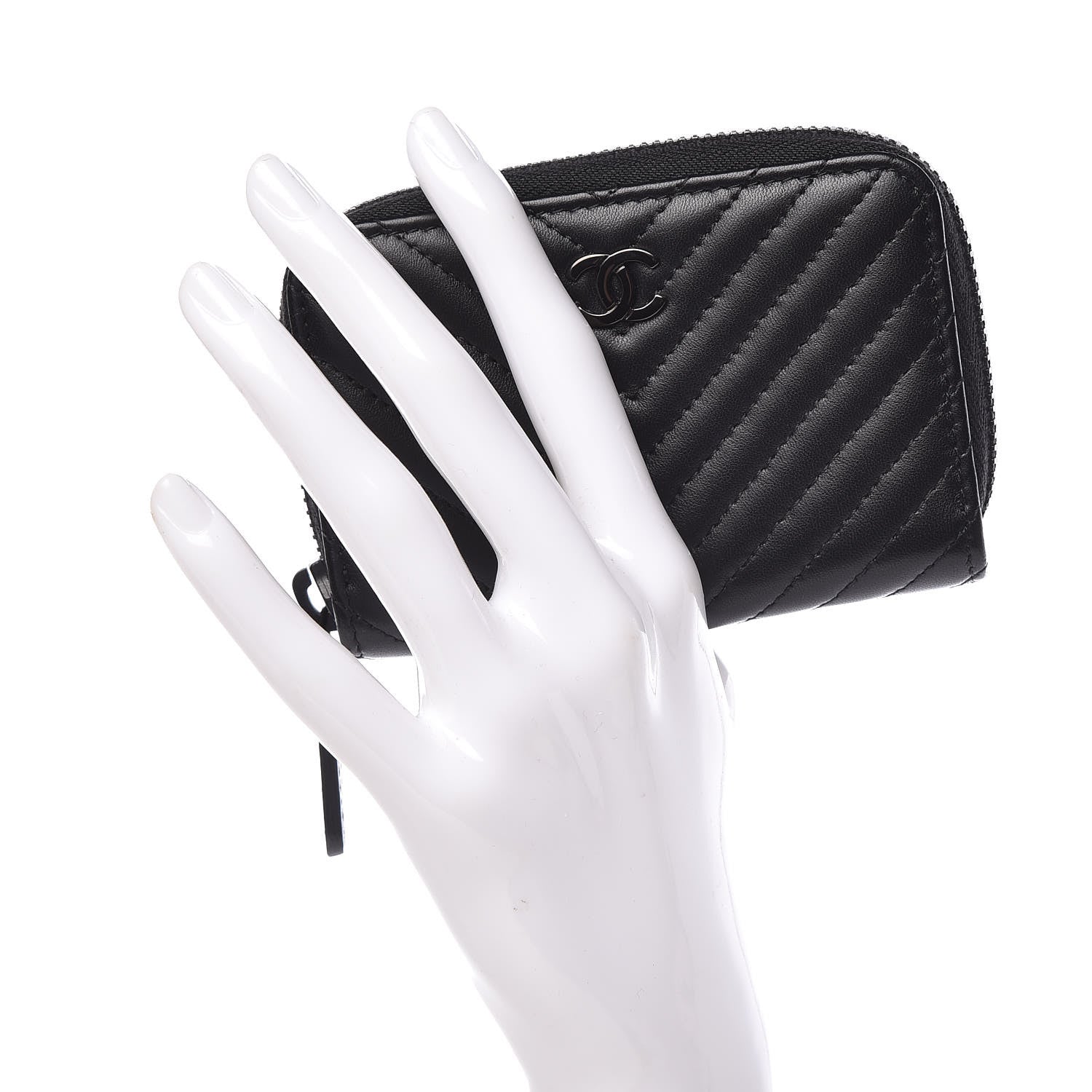 Chanel Lambskin Chevron Quilted Zip Around Coin Purse So Black 2 of 8