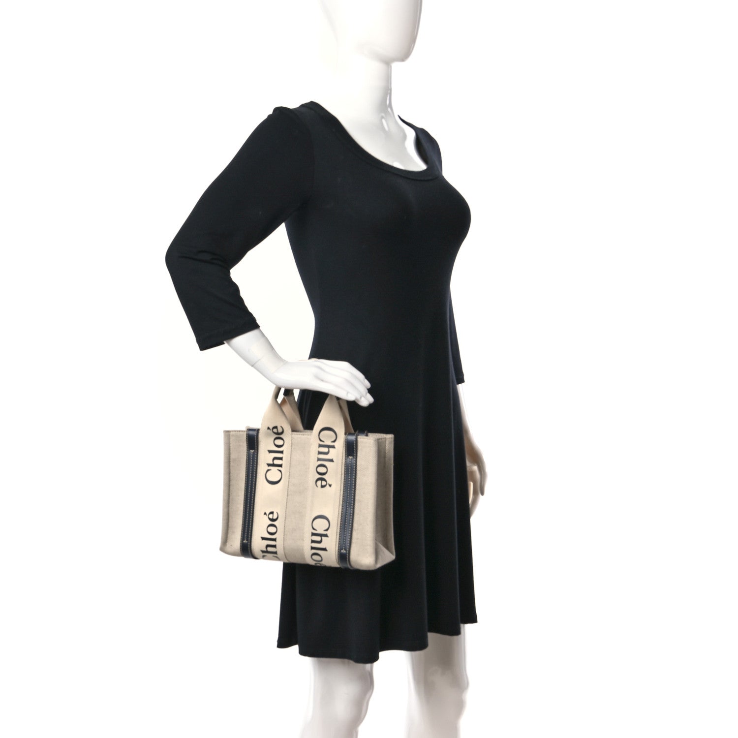 Chloe Cotton Calfskin Small Woody Ribbon Tote With Strap White Navy 3 of 9