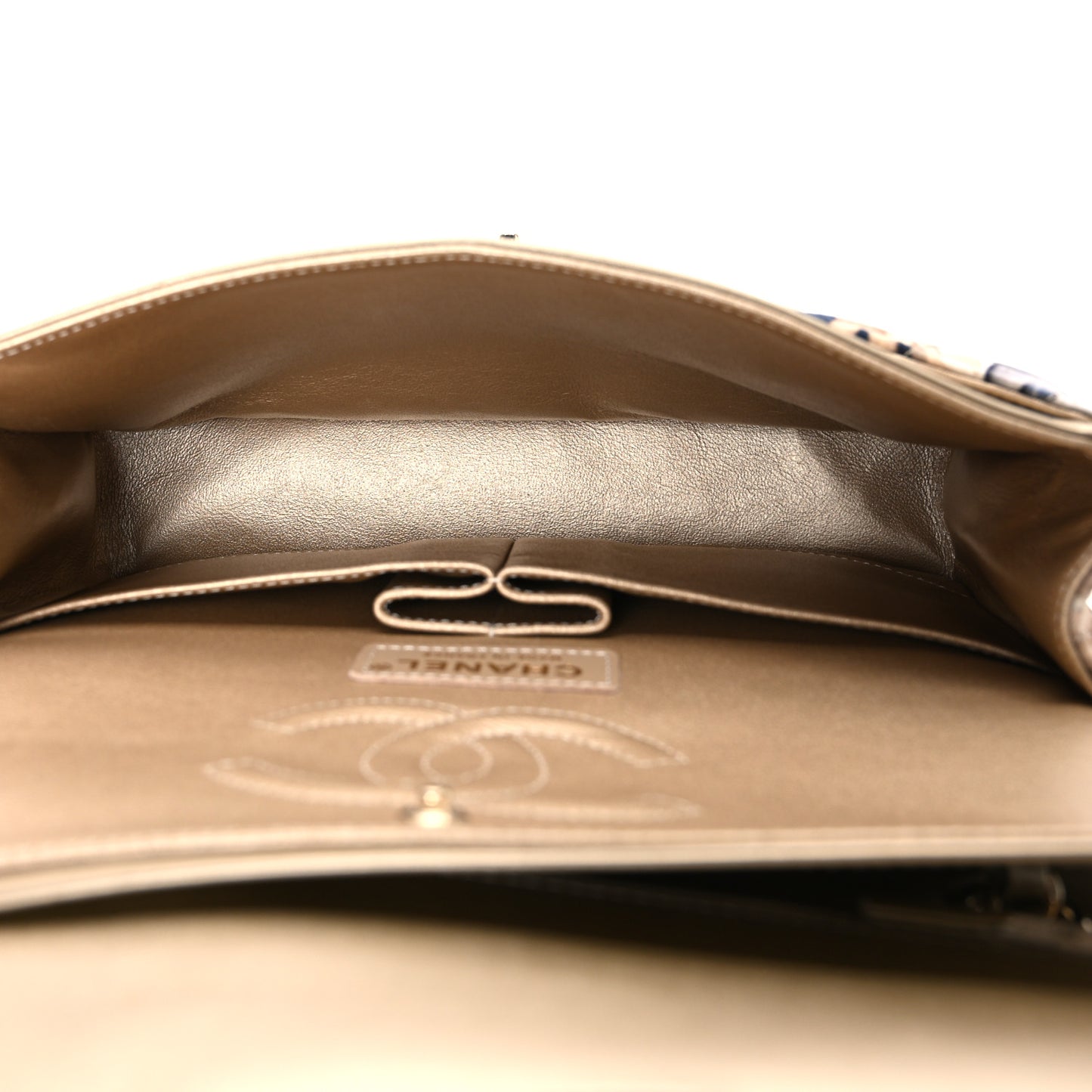 Nylon Quilted Medium Cat Emoticon Double Flap Navy Grey Ecru