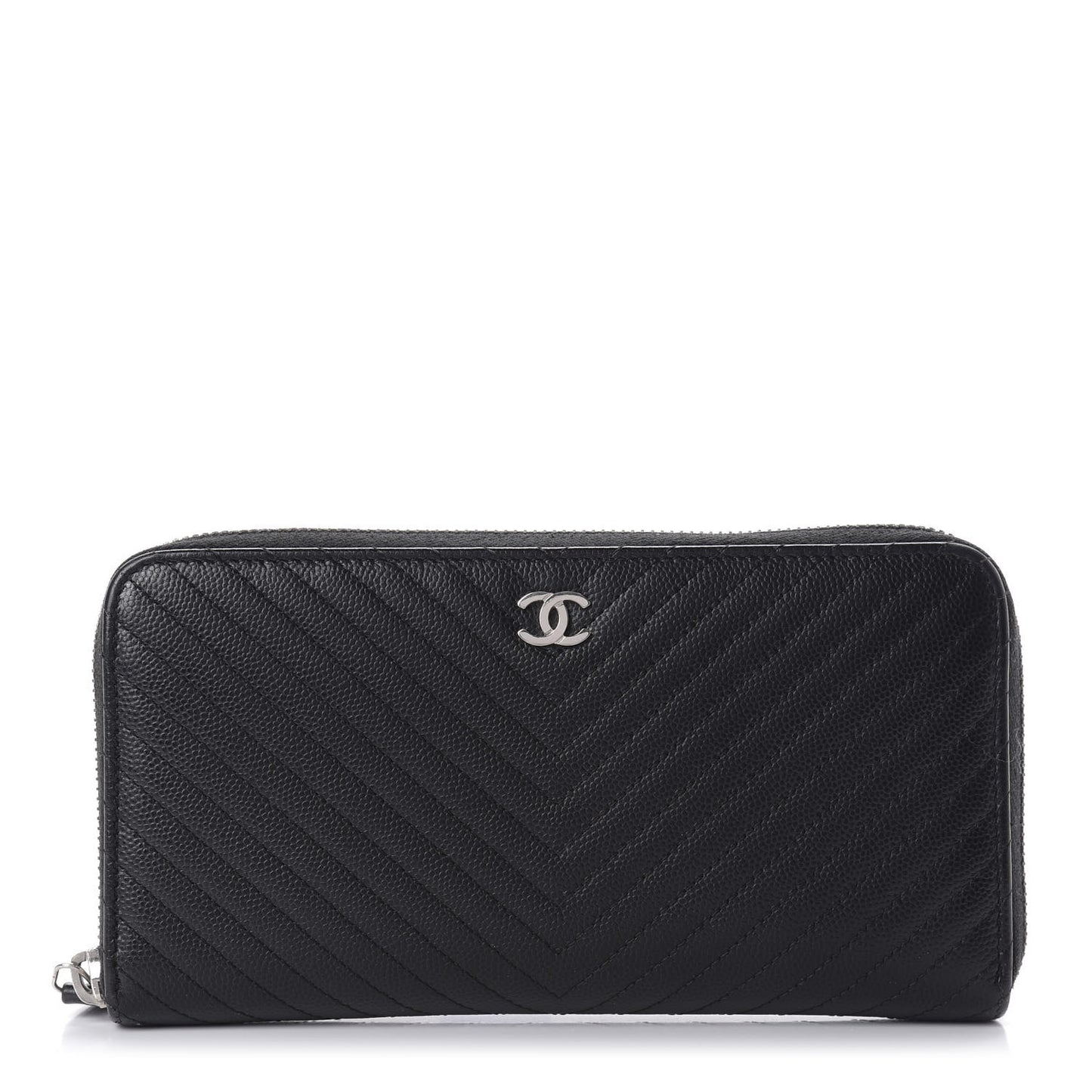 Caviar Chevron Quilted Large Gusset Zip Around Wallet Black