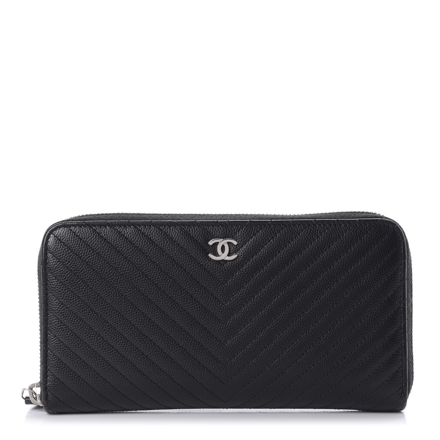 Chanel Caviar Chevron Quilted Large Gusset Zip Around Wallet Black 1 of 10