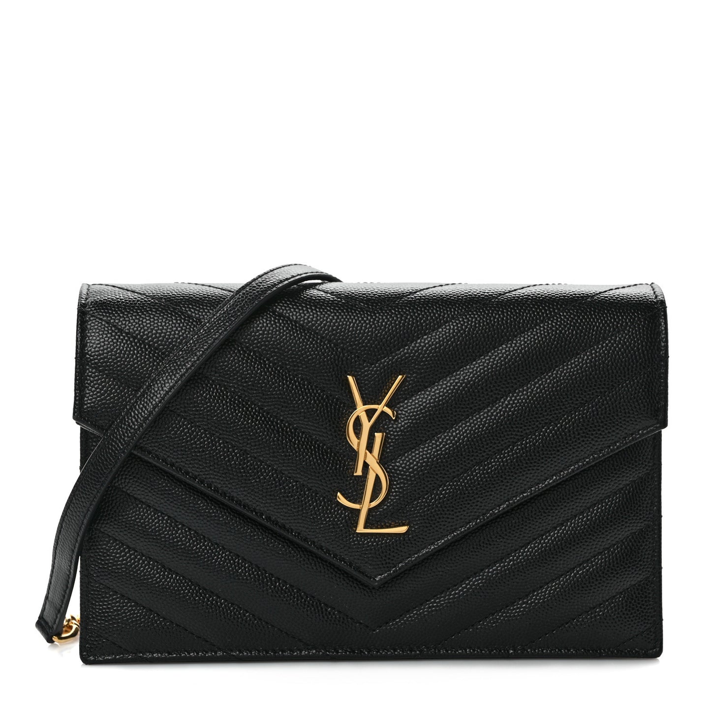Grain De Poudre Matelasse Chevron Monogram Envelope Chain Wallet Black