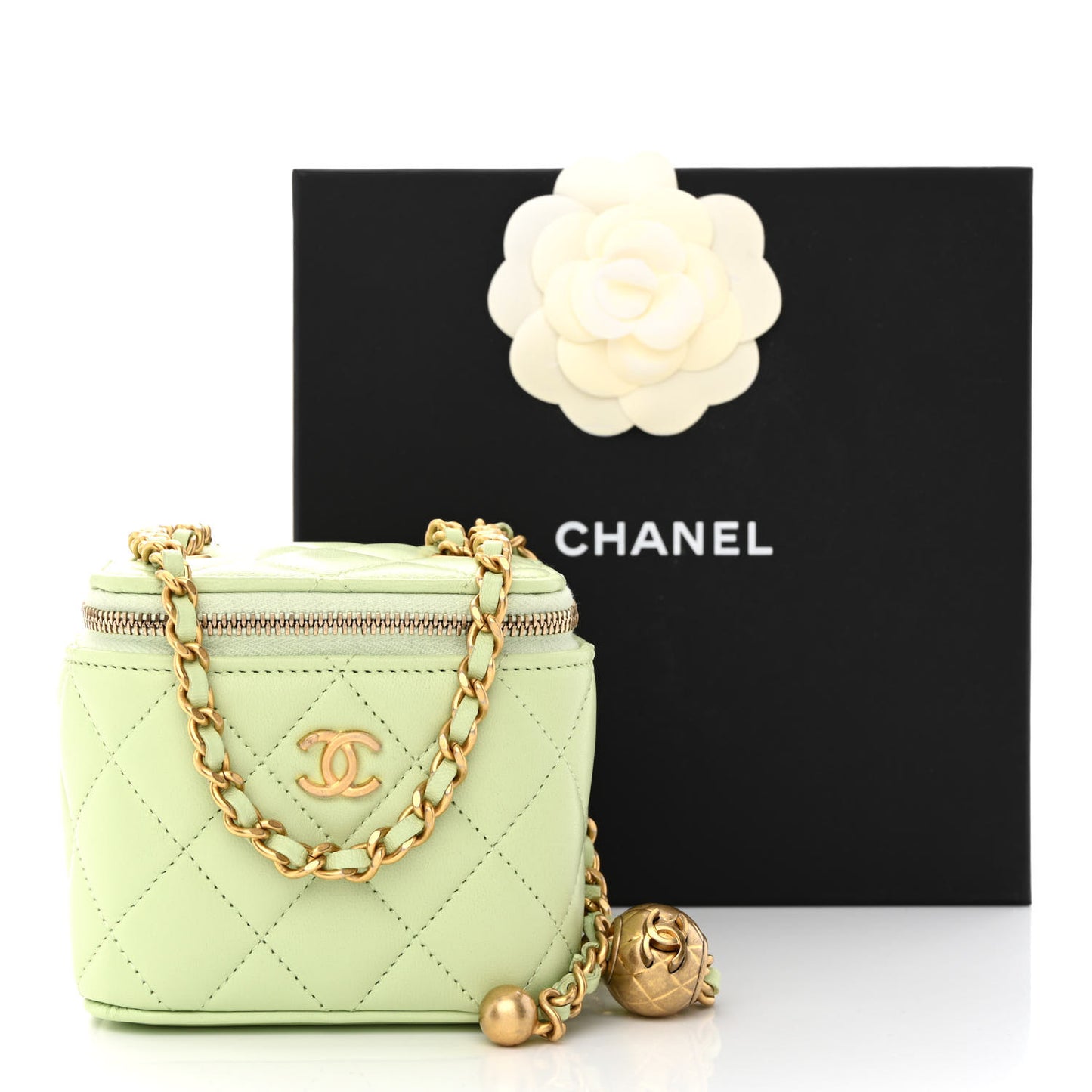 Lambskin Quilted Pearl Crush Mini Vanity Case With Chain Light Green