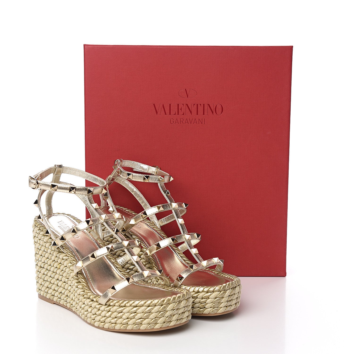 Valentino Garavani Metallic Nappa Rockstud Ankle Strap Torchon Espadrille Caged 25/95mm Wedge Sandals 39 Platino 8 of 8