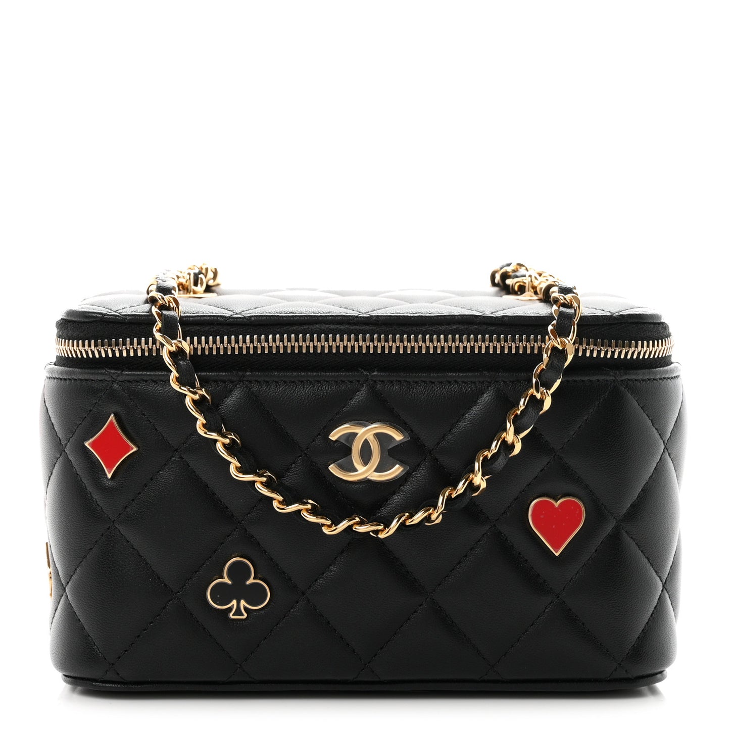 Lambskin Quilted Enamel Coco Casino Small Vanity Case With Chain Black
