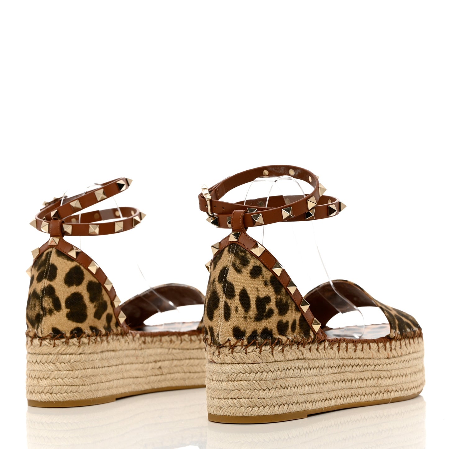 Canvas Leopard Print Rockstud Ankle Wrap Espadrille Flatform Sandals 41 Brown