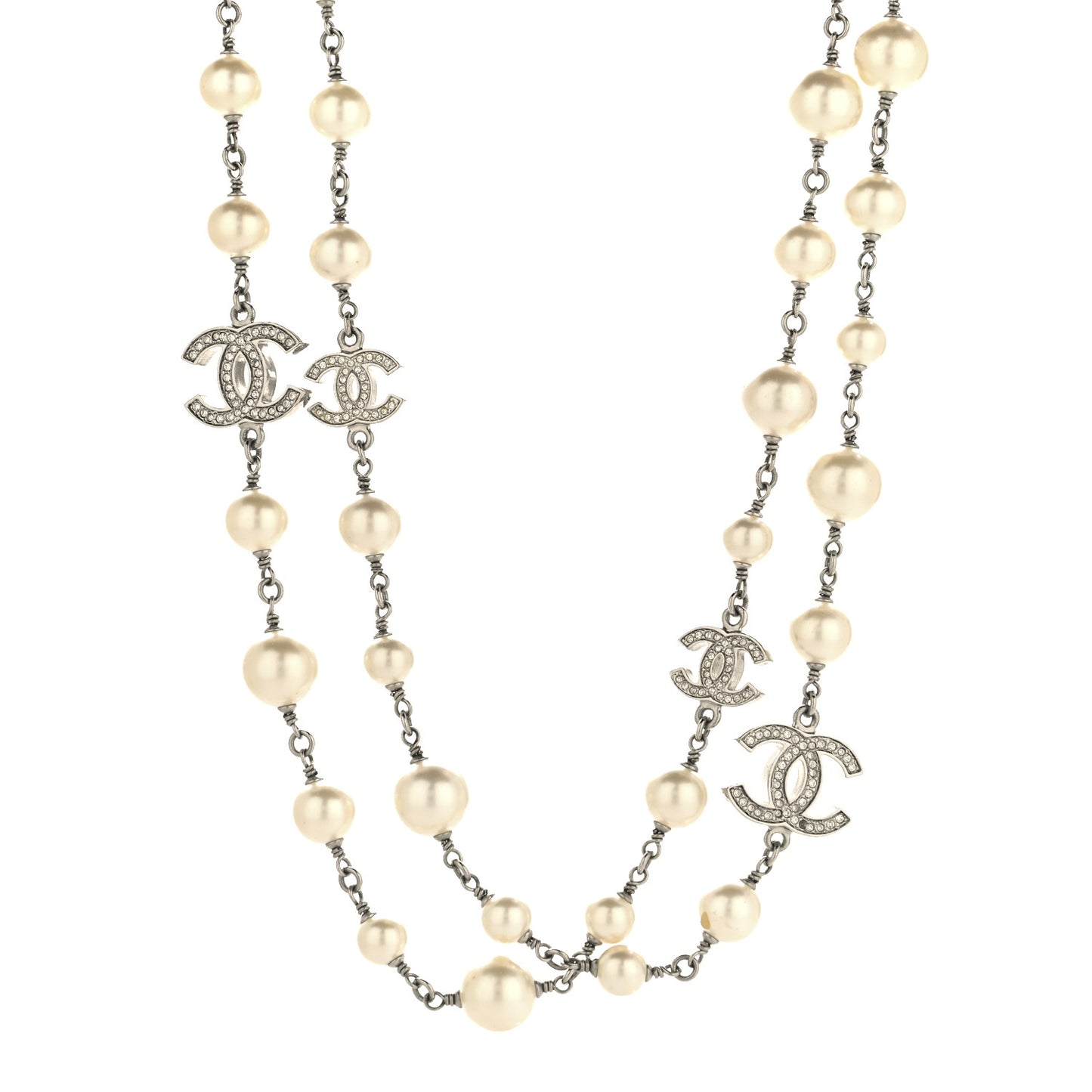 Crystal Pearl CC Long Necklace Silver Pearly White