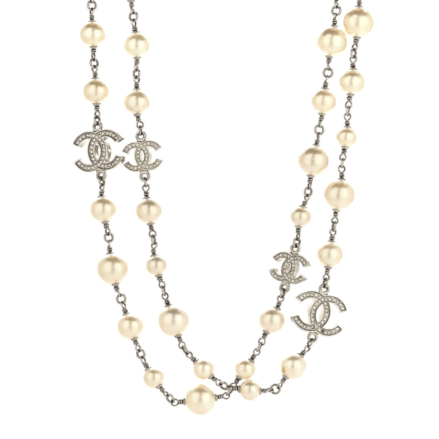 Chanel Crystal Pearl CC Long Necklace Silver Pearly White 1 of 4