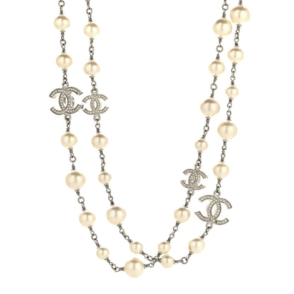Chanel Crystal Pearl CC Long Necklace Silver Pearly White 1 of 4