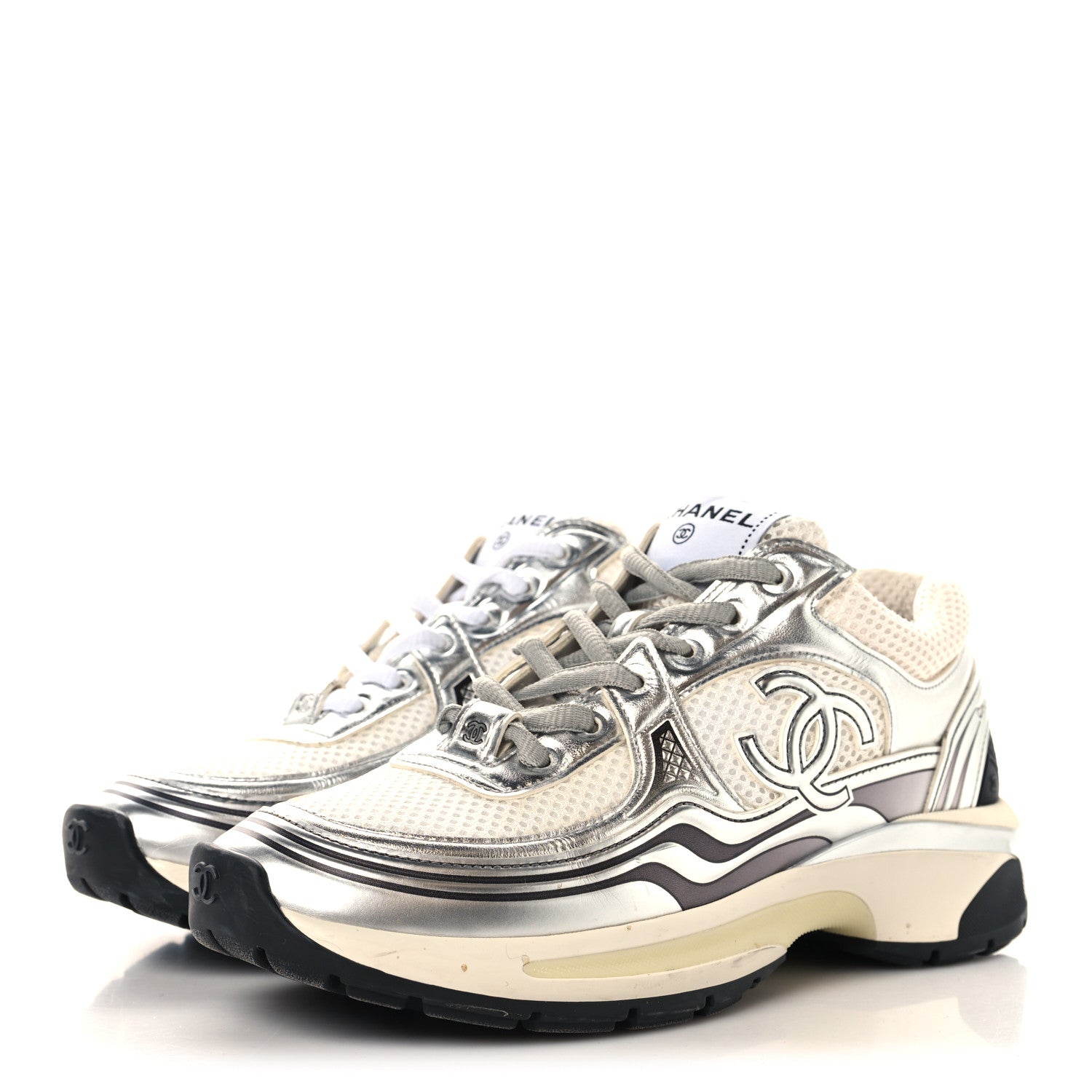 Chanel Fabric Laminated Calfskin Stretch CC Womens Sneakers 36 White Silver 4 of 8
