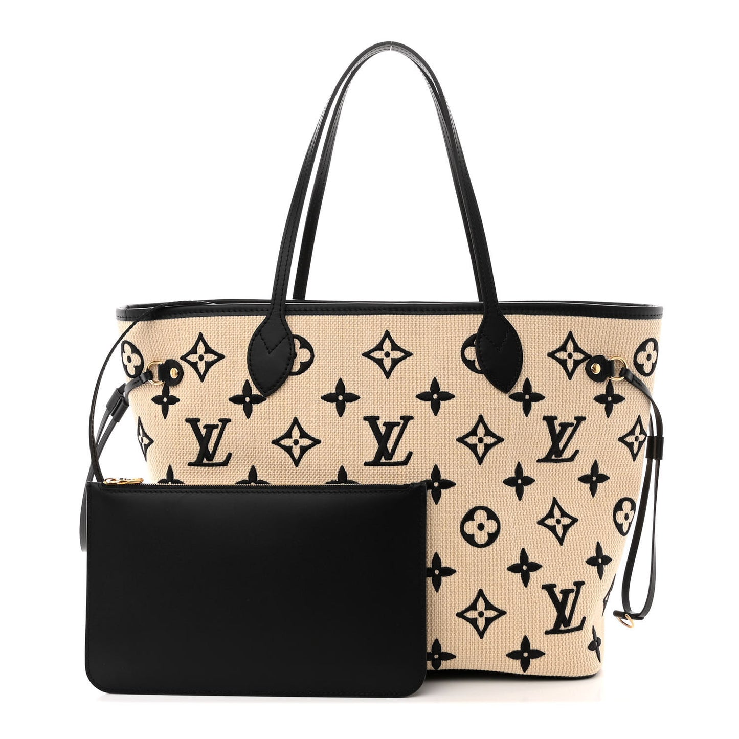 Cotton Monogram Embroidered Neverfull MM Beige Black