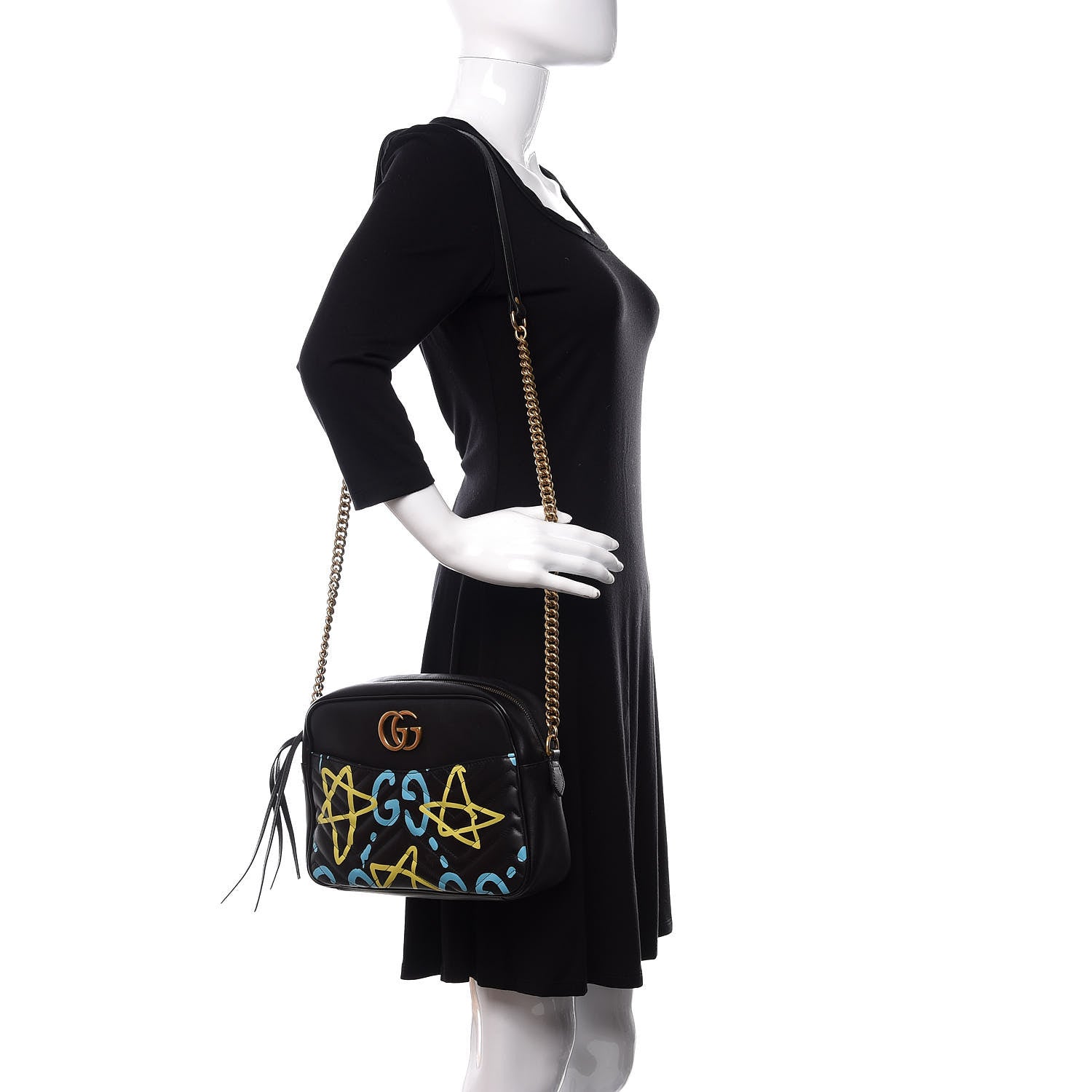 Gucci Calfskin Matelasse GucciGhost Medium GG Marmont Chain Shoulder Bag Black New Acquamarine 2 of 11