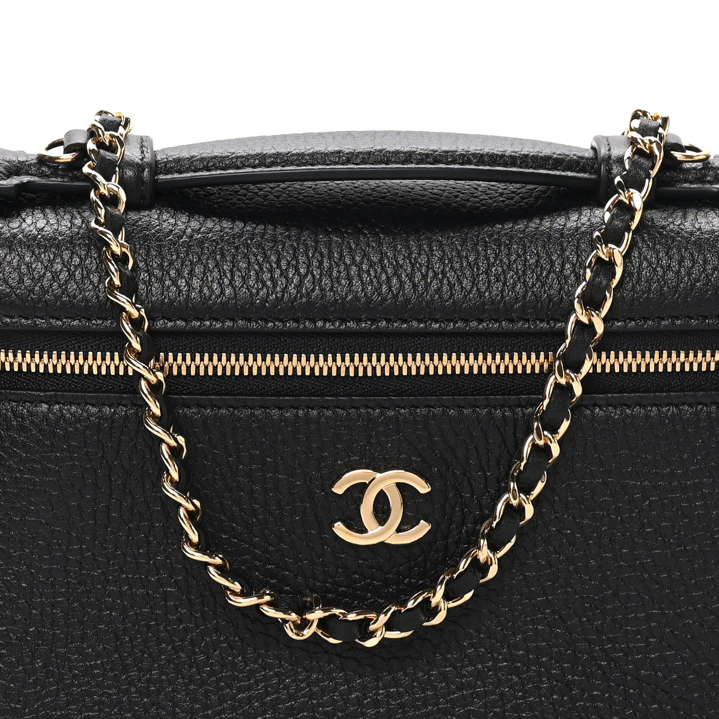 Grained Calfskin Top Handle Slim Vanity Case With Chain Black