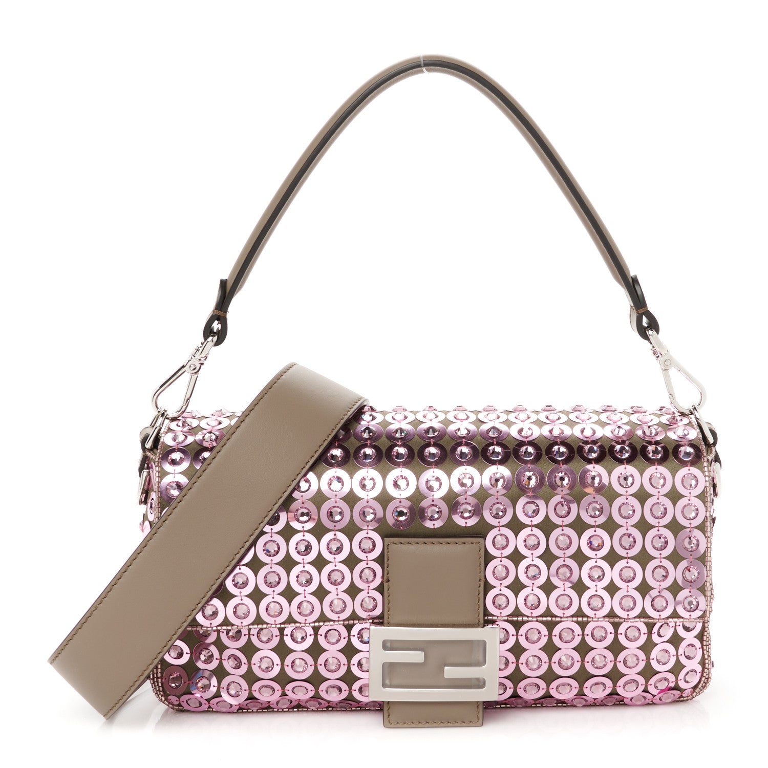 Fendi Ricamo Sequin Paillettes Strass Vitello Grace Baguette Rosa Tartufo 1 of 11