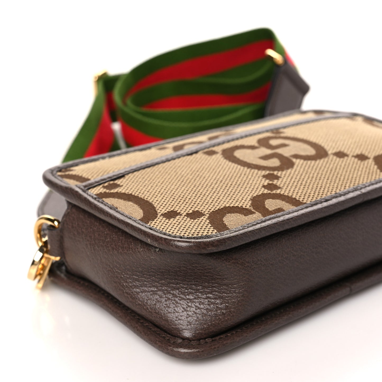Monogram Jumbo GG Textured Dollar Calfskin Web Mini Crossbody Bag Camel Ebony New Acero