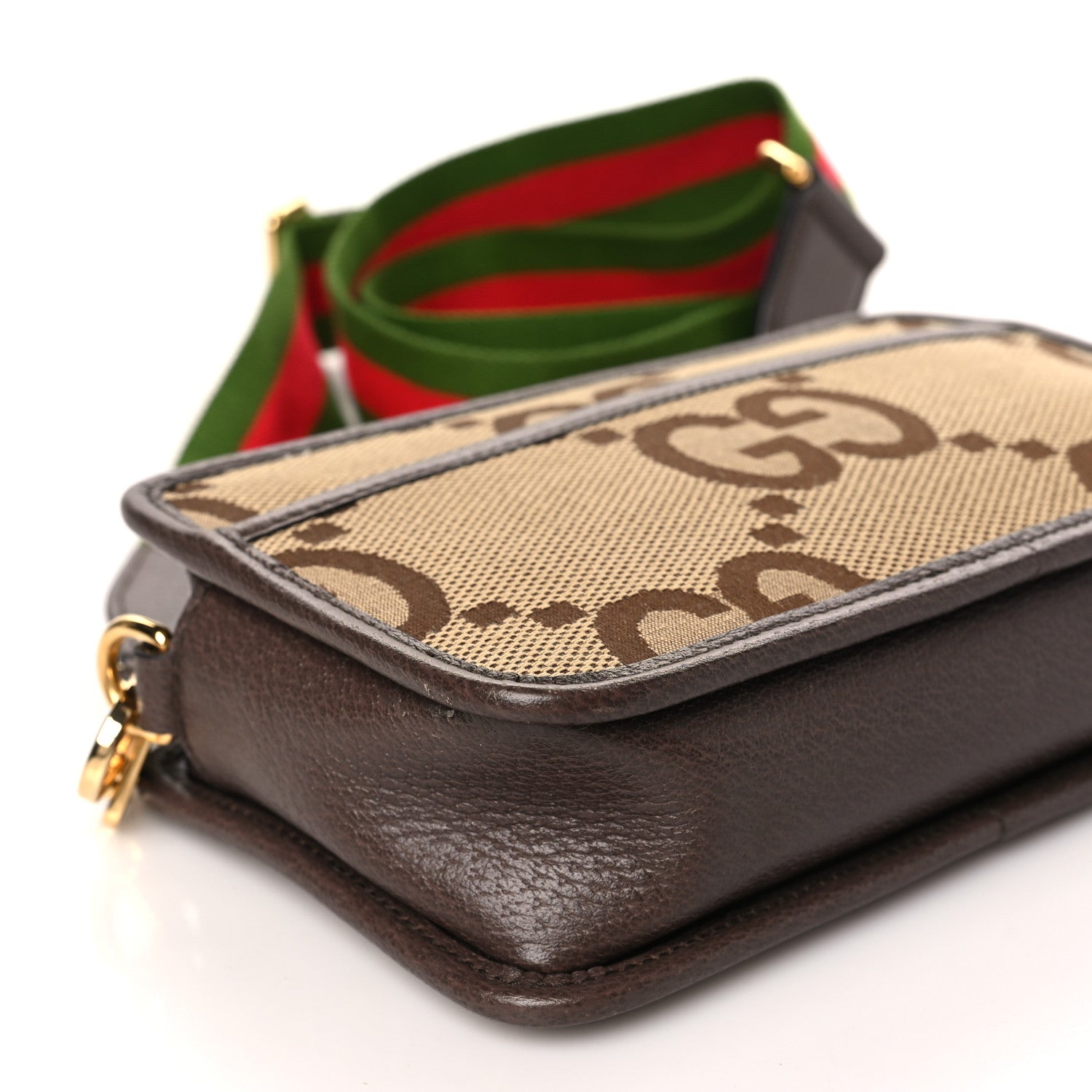 Gucci Monogram Jumbo GG Textured Dollar Calfskin Web Mini Crossbody Bag Camel Ebony New Acero 8 of 9