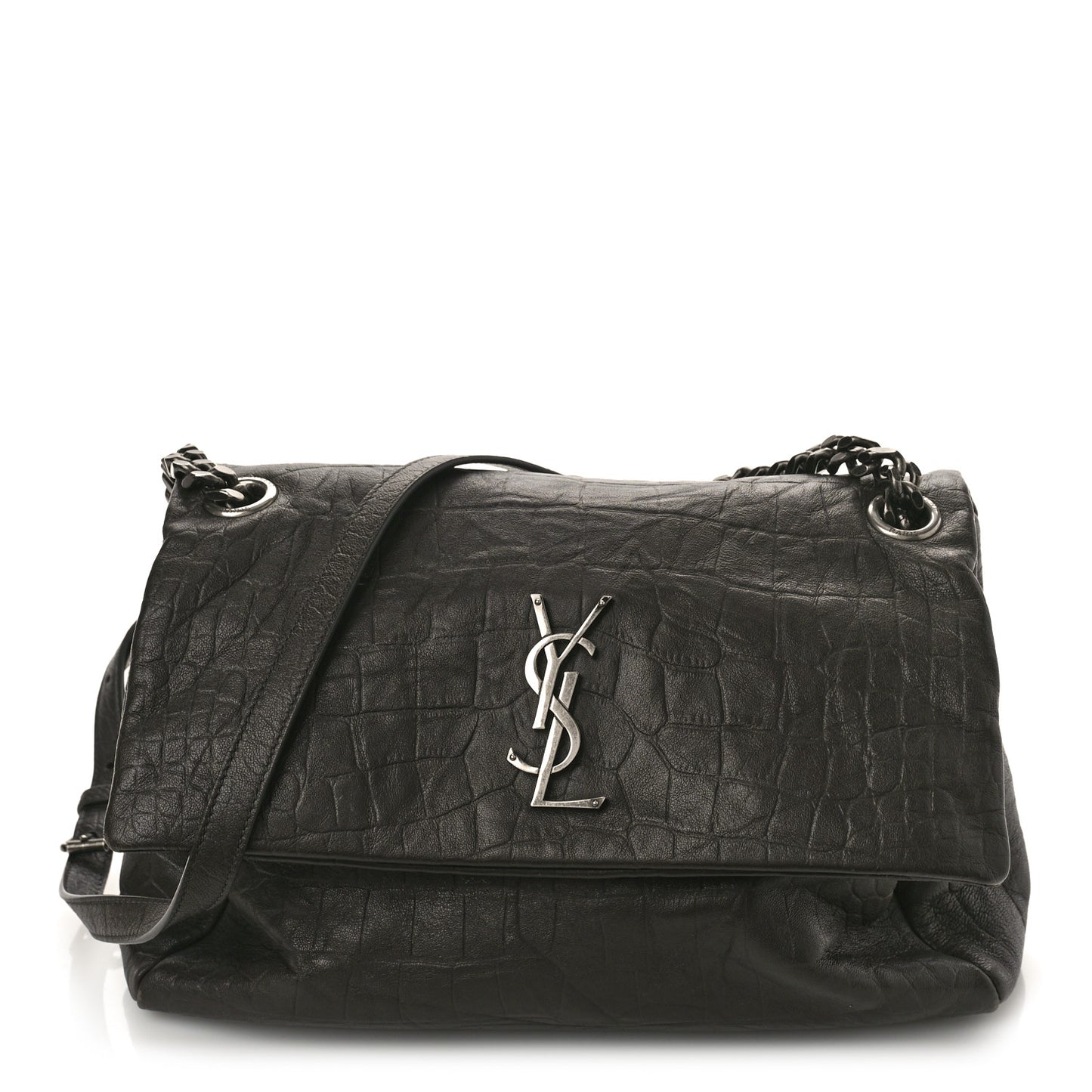 Calfskin Crocodile Embossed Medium West Hollywood Monogram Fold-Over Grey