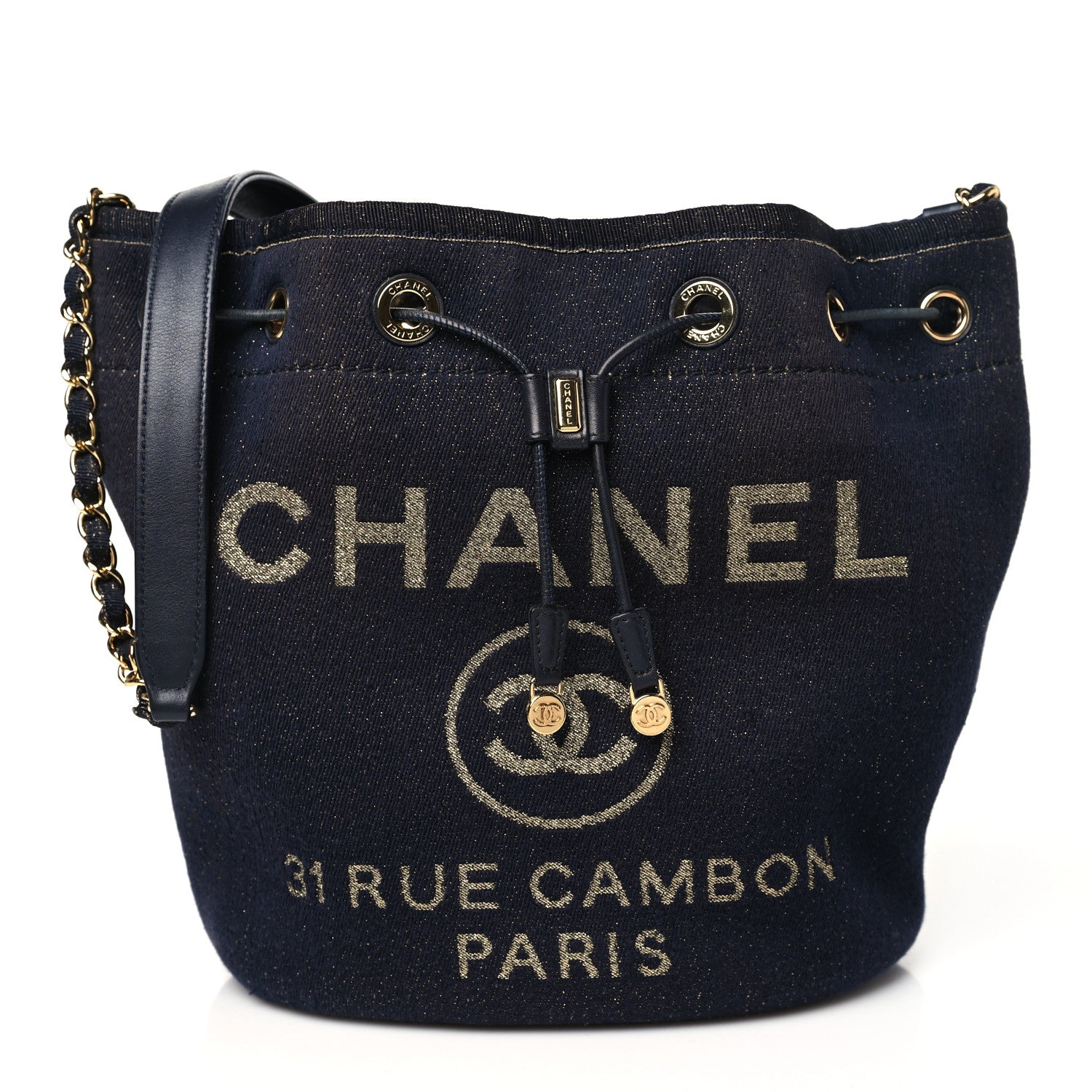 Chanel Lurex Canvas Deauville Drawstring Bucket Bag Navy Blue Gold 1 of 10