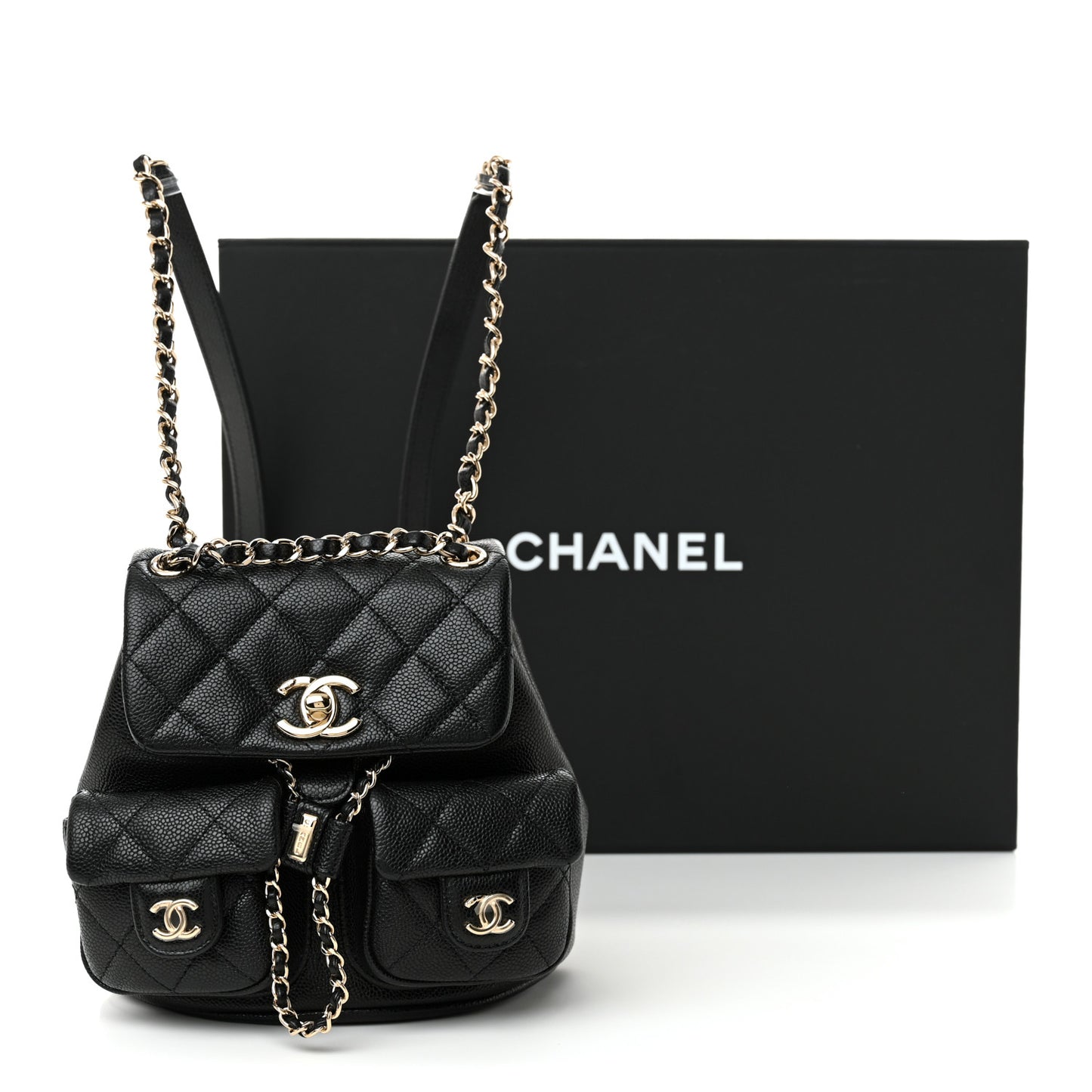 Shiny Caviar Quilted Small Duma Pockets Drawstring Backpack Black