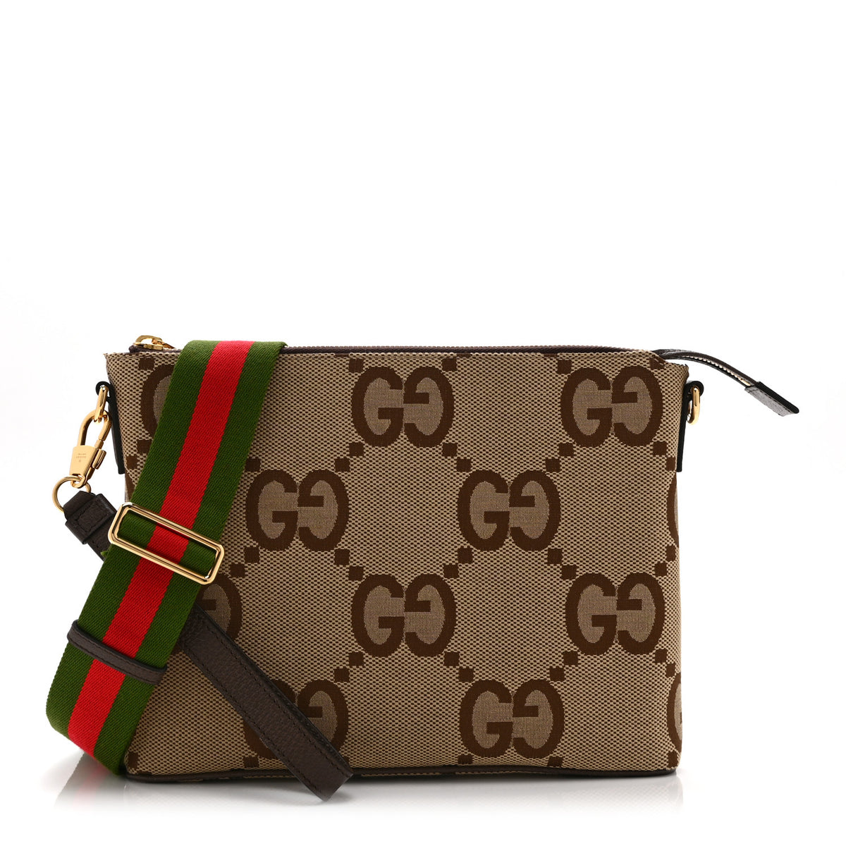 Gucci Monogram Jumbo GG Textured Dollar Calfskin Web Wristlet Messenger Bag Camel Ebony New Acero 1 of 11