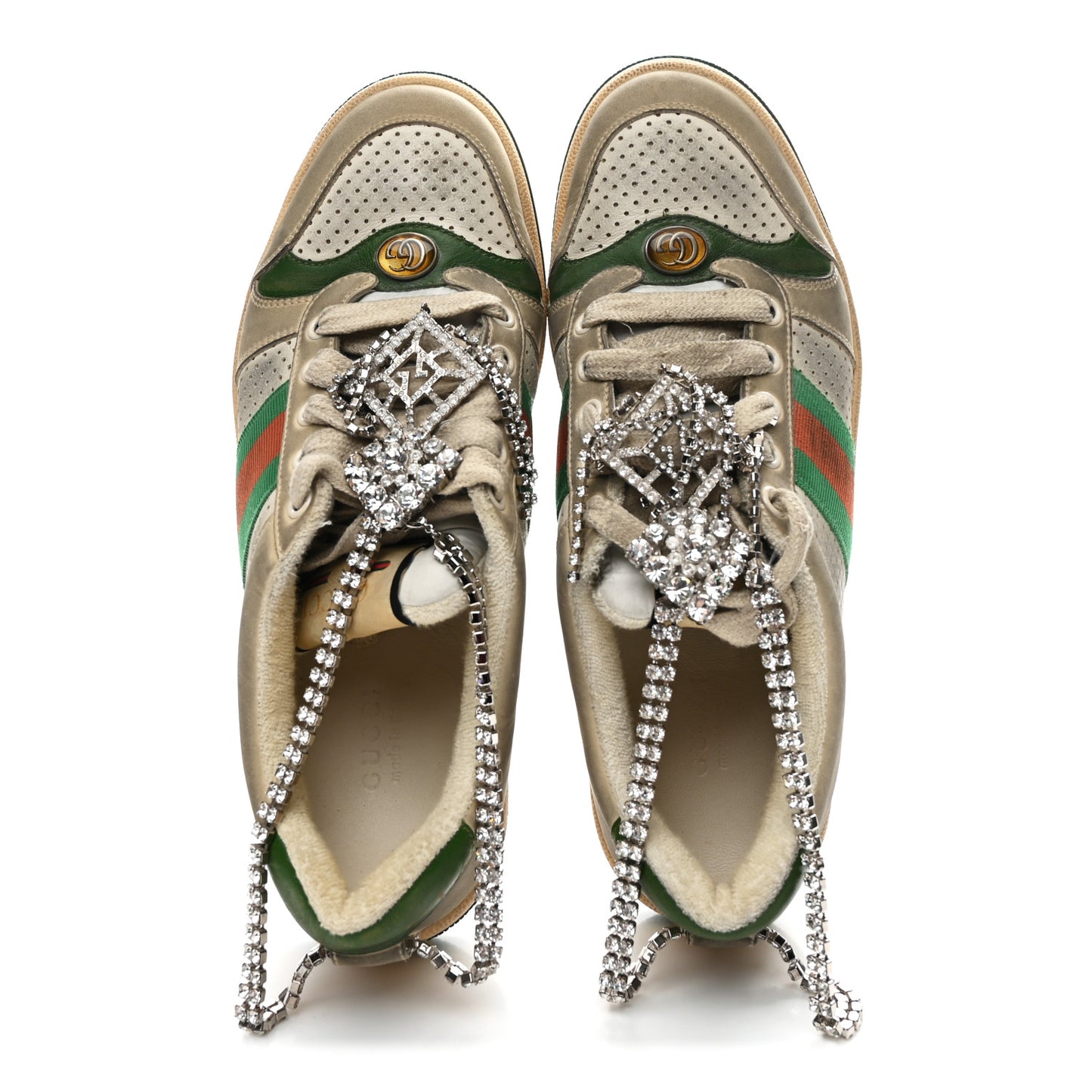 Nubuck Calfskin Web Removable Crystals Womens Screener Sneakers 38 Dusty Milk New Mystic White