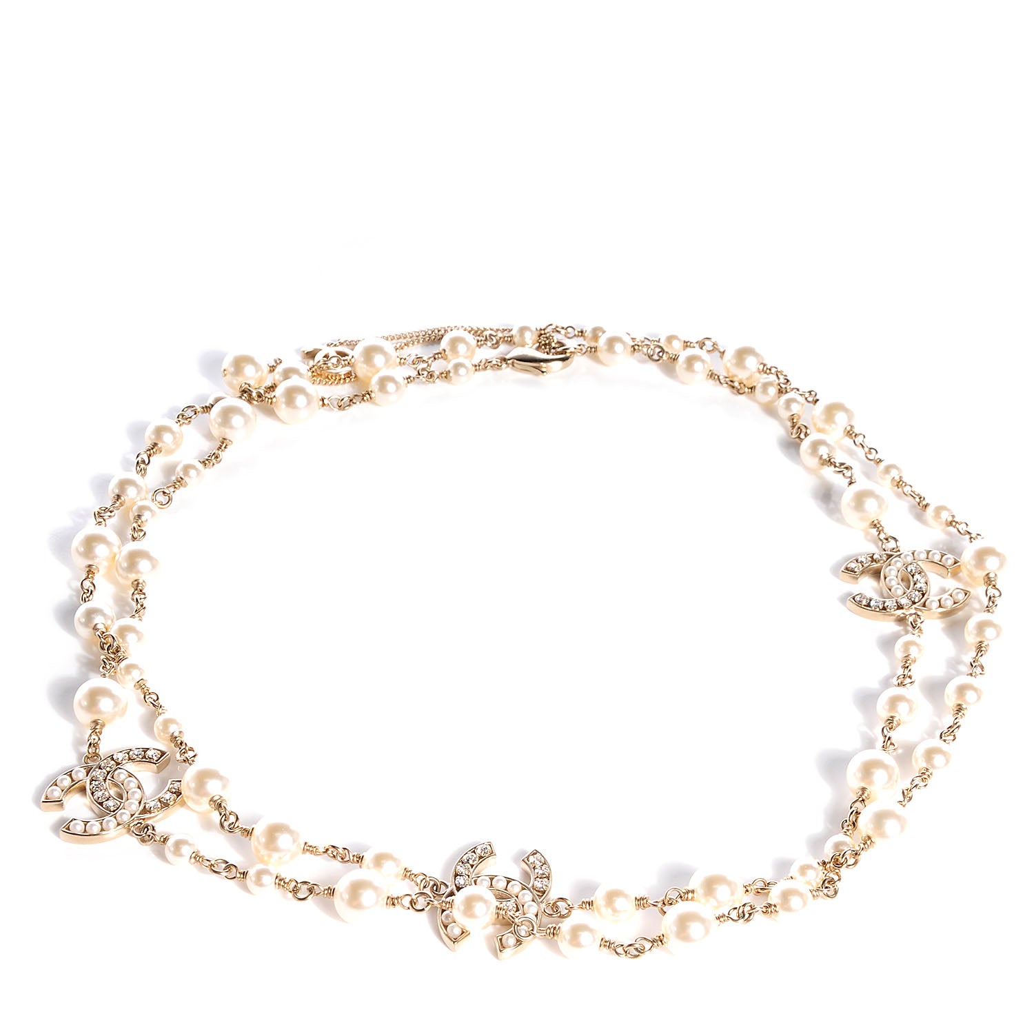 Chanel Crystal Pearl CC Long Necklace Gold 1 of 6