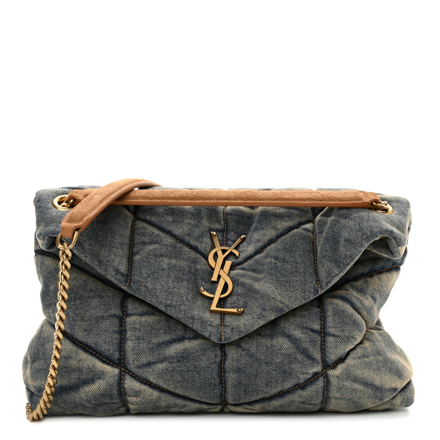 Denim Quilted Small Loulou Puffer Monogram Chain Satchel Blue Cinnamon